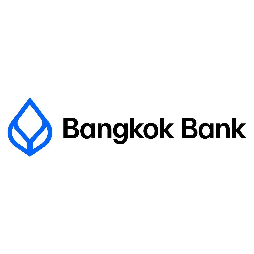 Logo of Bangkok Bank with a blue leaf-like symbol and black text.