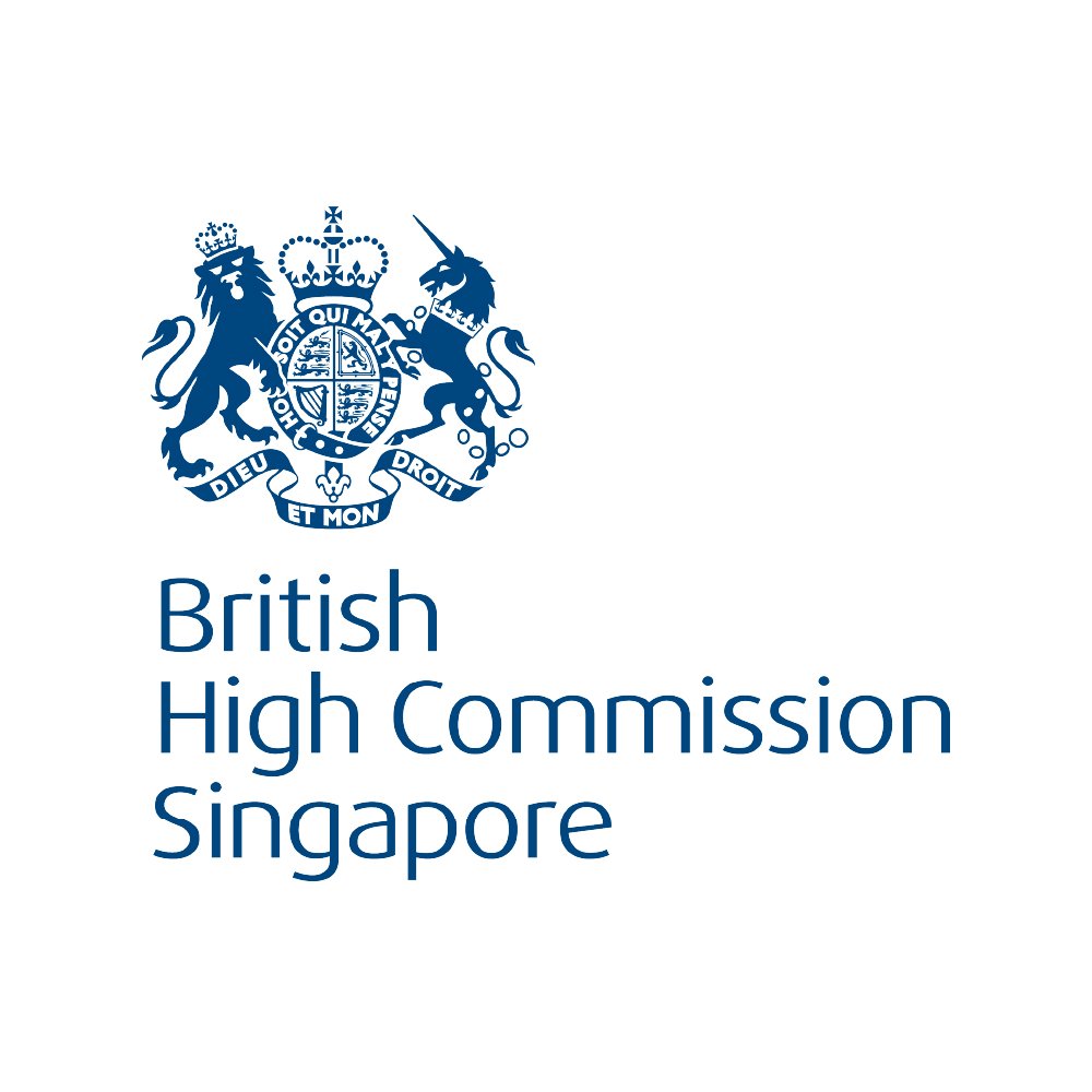 Logo of the British High Commission in Singapore featuring a blue crest with a lion and a unicorn, and the text 'British High Commission Singapore'.