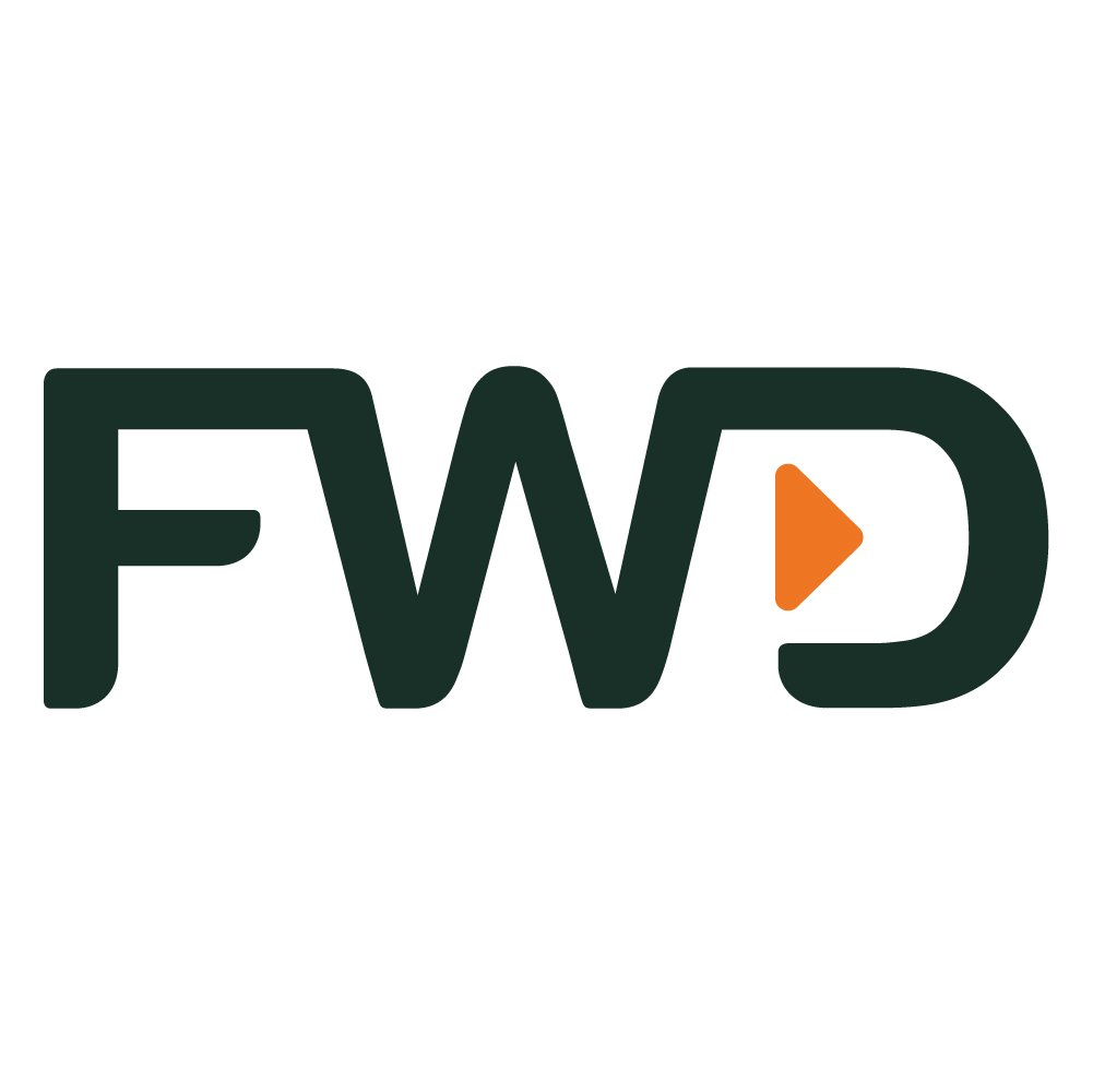 FWD logo with the letters F, W, D in black and an orange play button in the middle of the D.