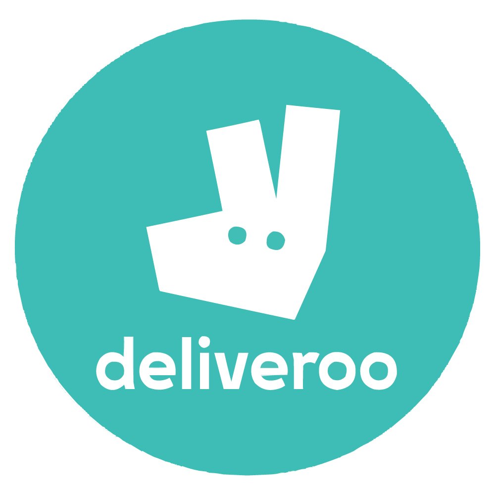 Deliveroo logo featuring a minimalist white hand making a peace sign with two dots for eyes on a teal circle background with the text 'deliveroo' underneath.