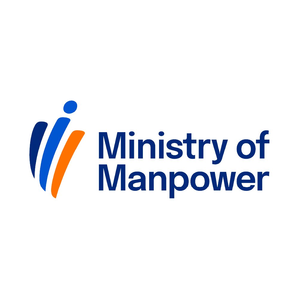 Logo of the Ministry of Manpower featuring stylized blue and orange lines and text.