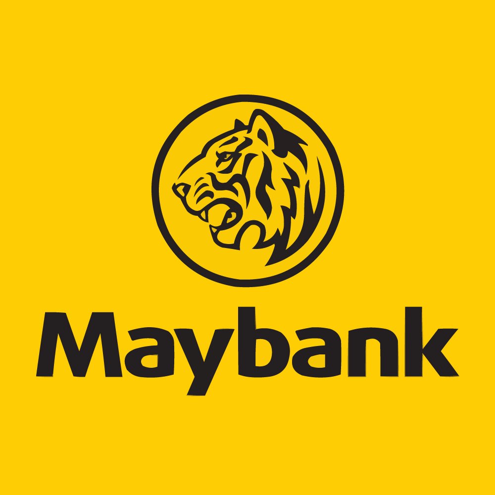 Maybank logo with a black lion's head inside a circle on a yellow background, and the word 'Maybank' in black text below.