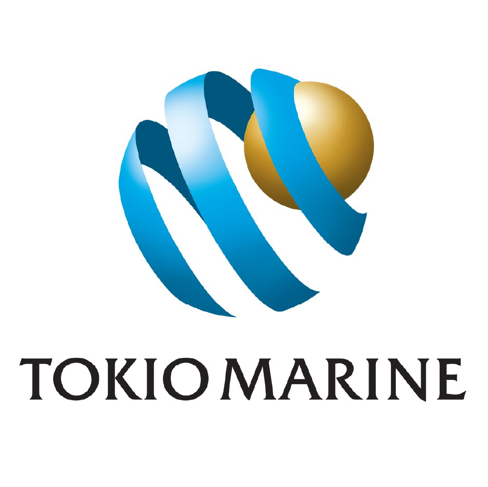 A logo depicting a gold sphere partially wrapped by a blue ribbon with overlapping shades, with the text 'TOKIO MARINE' below in black capital letters.