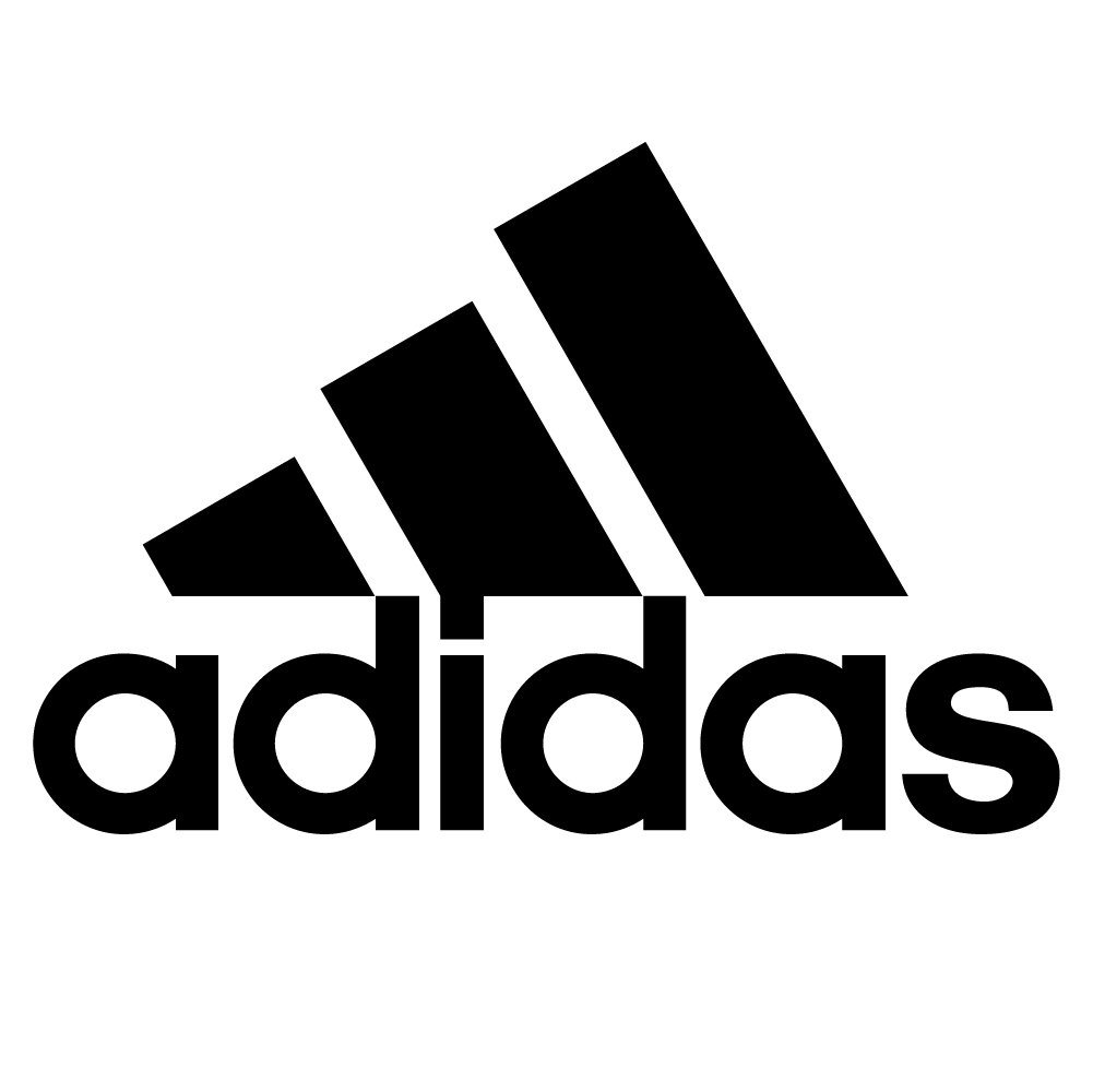 Black and white Adidas logo featuring three diagonal stripes above the word 'adidas' in lowercase letters.
