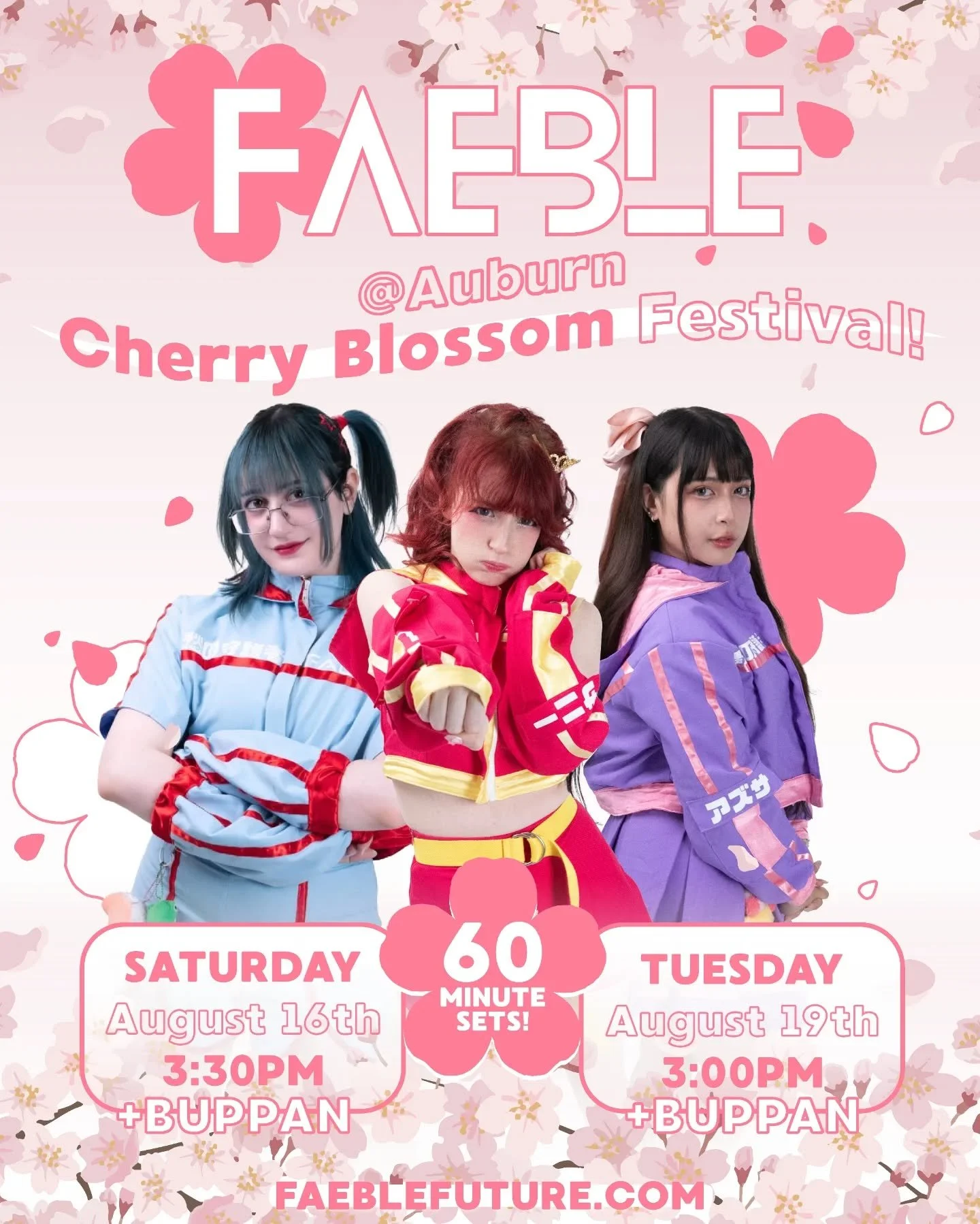 🌸 Faeble will be returning to Auburn Cherry Blossom Festival 🌸

You can catch us on two dates! 

🌸 Saturday the 16th of August 
🌸 Tuesday the 19th of August

Tickets for the festival are available @
sydcherryblossomfestsplash.oztix.com.au

We hop