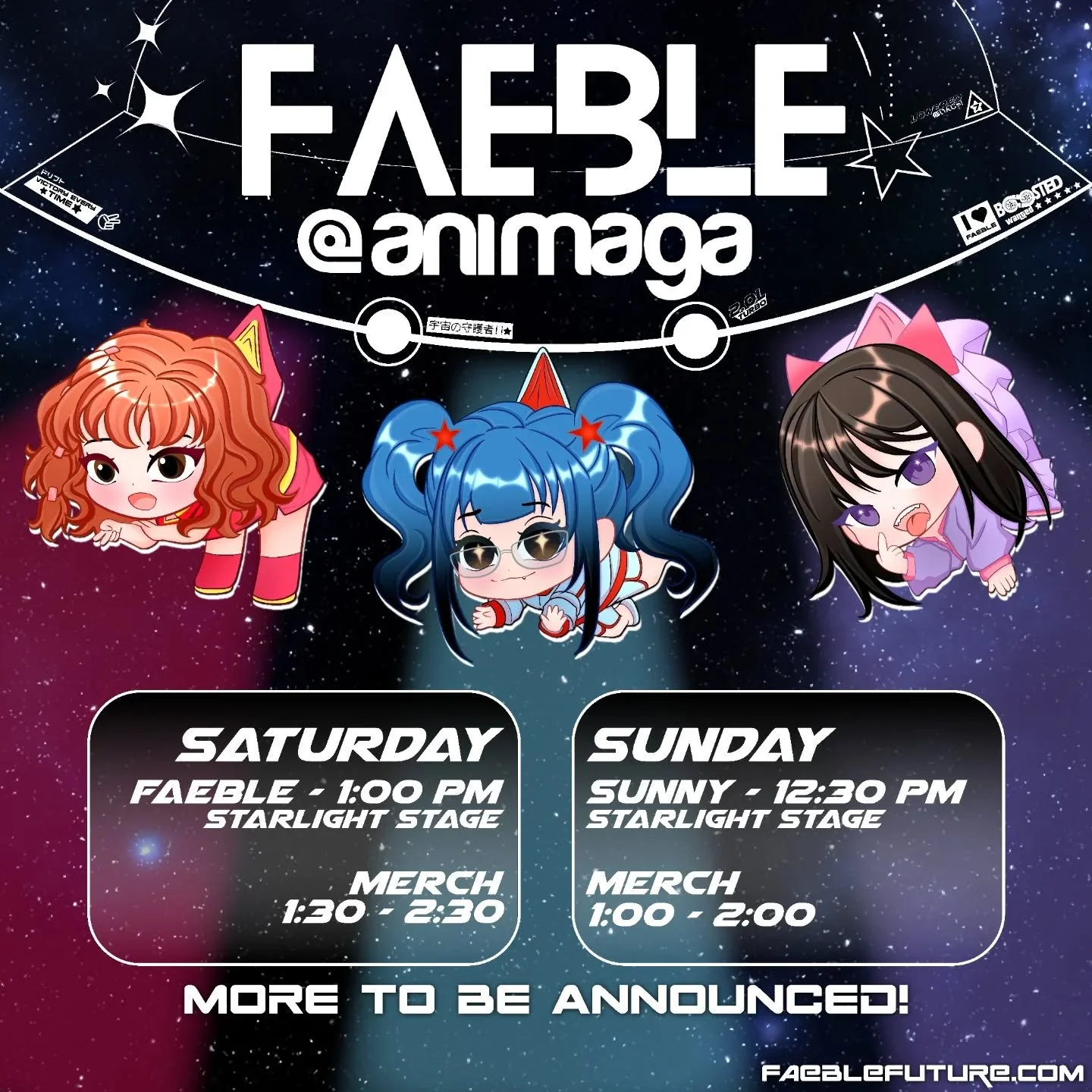 Get ready Melbourne! FAEBLE is headed your way! 💫

Our first announcement: ANIMAGA 🚀
🌟 SATURDAY - 1:00PM
Catch FAEBLE on the Starlight Stage!

💖 SUNDAY - 12:30PM
Catch @sunnyysaurus on the Starlight Stage for a solo set!

We have more announcemen