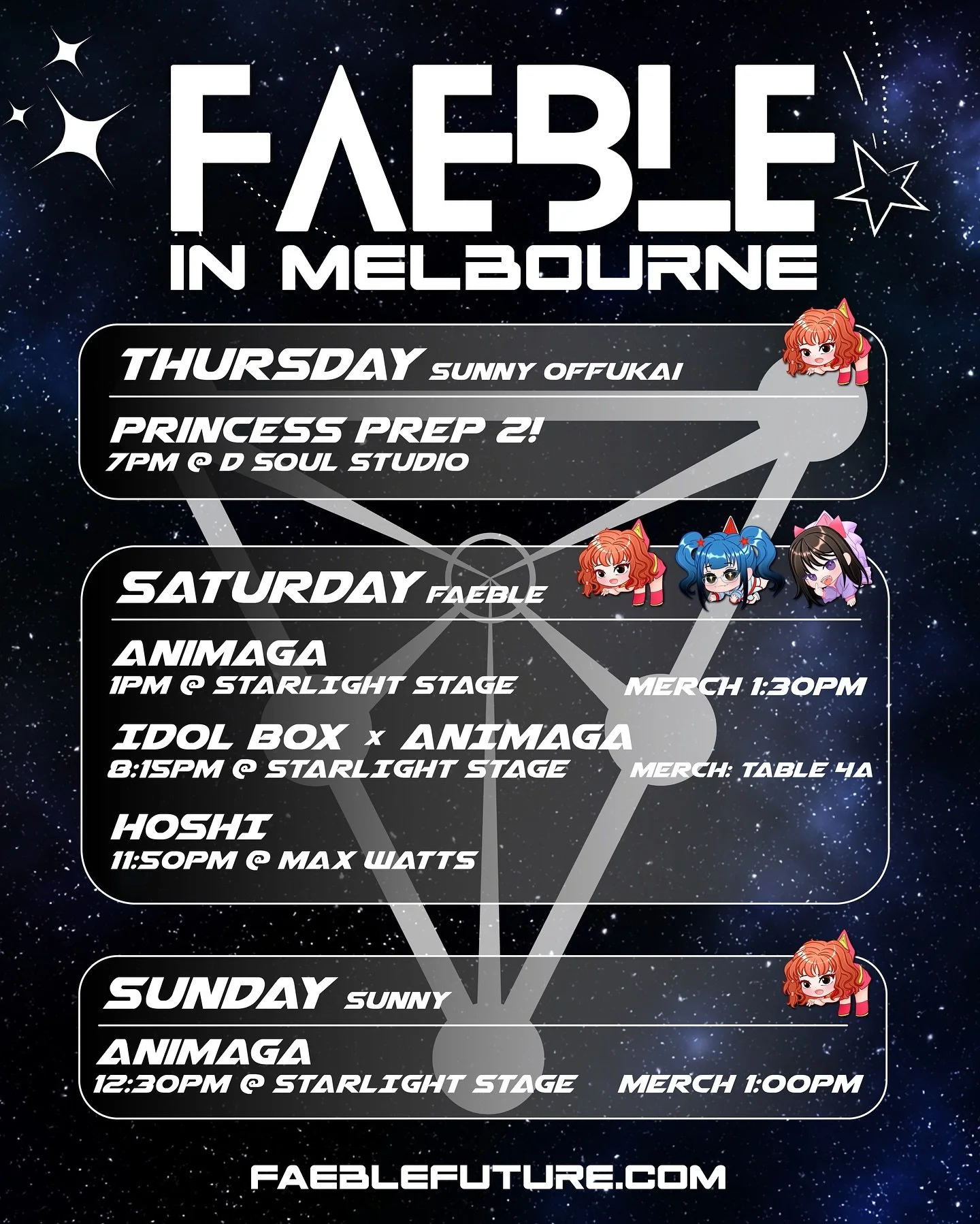 HEY MELBOURNE! Are you excited to meet Faeble&rsquo;s 3rd generation for the first time? Well, we&rsquo;re excited to see you! 💜🩷🩵

Catch us over the @animagaexpo weekend for live shows and meet and greets &mdash; we can&rsquo;t wait to give our a