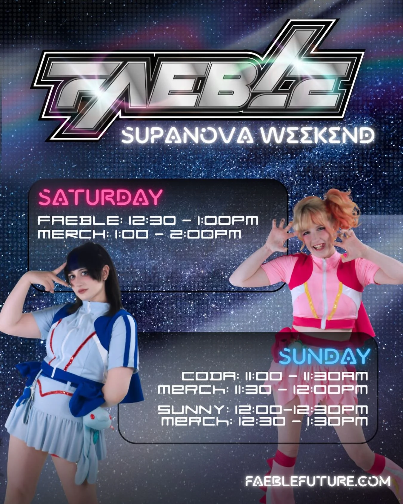 Catch FAEBLE at Supanova Sydney! 💖💙 

🌟 SATURDAY - 12:30 - 1:00
MERCH - 1:00 - 2:00

🚀 SUNDAY
CODA - 11:00 - 11:30
MERCH 11:30 - 12:30*

SUNNY - 12:00 - 12:30
MERCH - 12:30 - 1:30 

We&rsquo;ll see you there! 💫