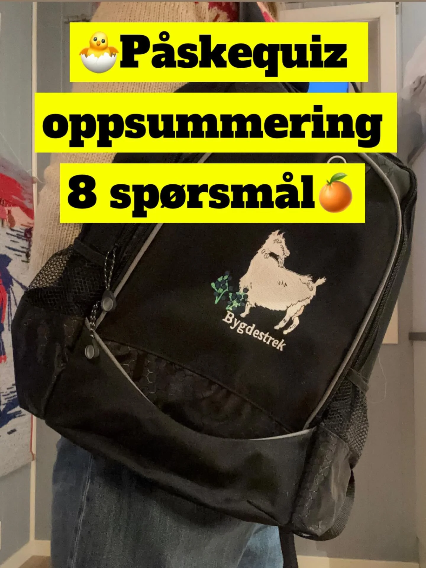🐣P&aring;skequiz🍊 
Her er kortversjonen av de &aring;tte sp&oslash;rsm&aring;lene🤓Heng med og send inn ditt l&oslash;sningsord🎉

OPPGAVE 1:
Din ferd fra regjeringskvartalet har f&oslash;rt deg til en kommune der slagordet er en kreativ vri p&arin