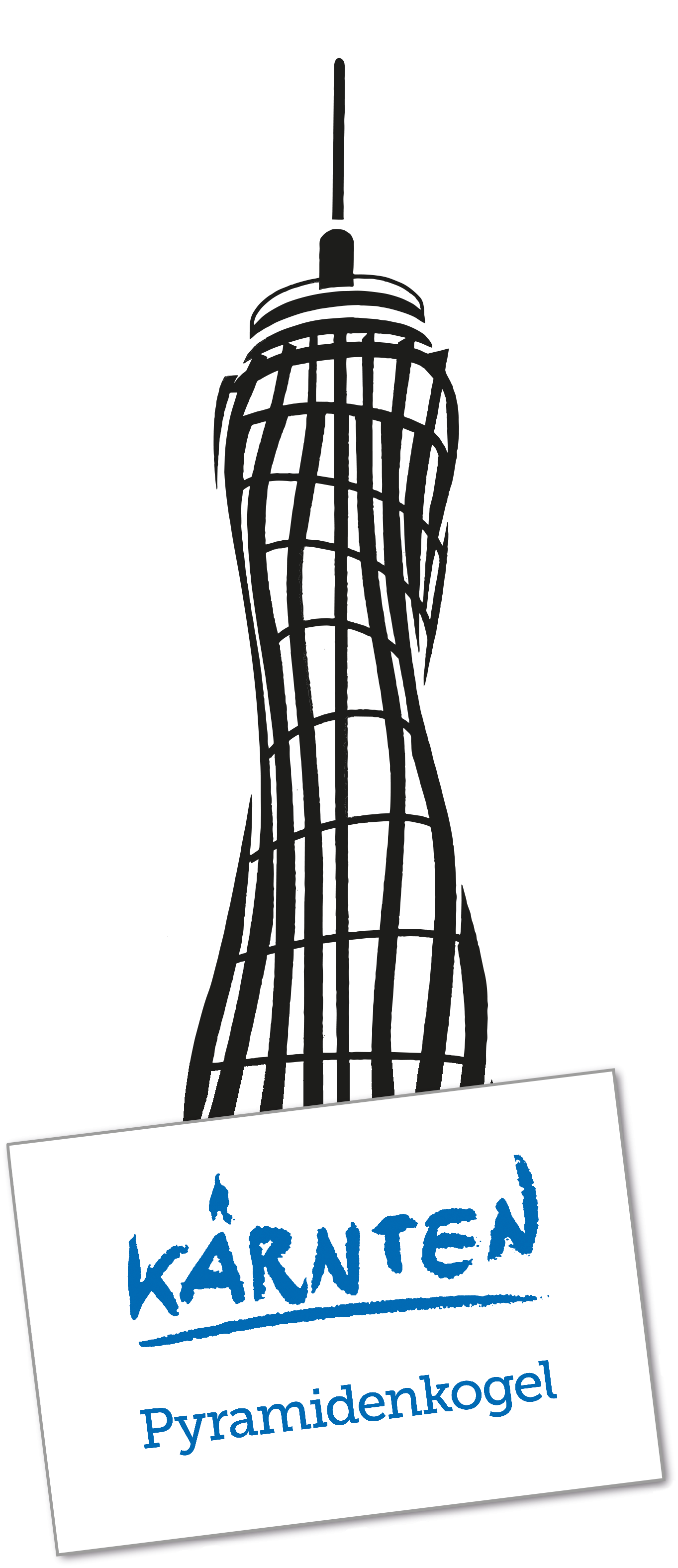 Skizze des Pyramidenkogel in Klagenfurt, Österreich, mit einem Schild, das „Kärnten Pyramikenkogel“ beschreibt.