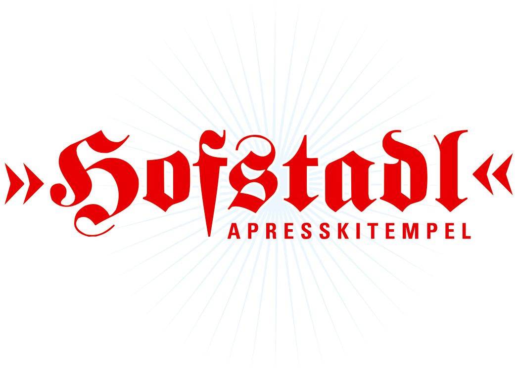 Logo mit dem Schriftzug „Hofstadl“ in rot, in gothischer Schrift. Bewirbt den Hofstadl Aspresskitempel in Flachau, Österreich.