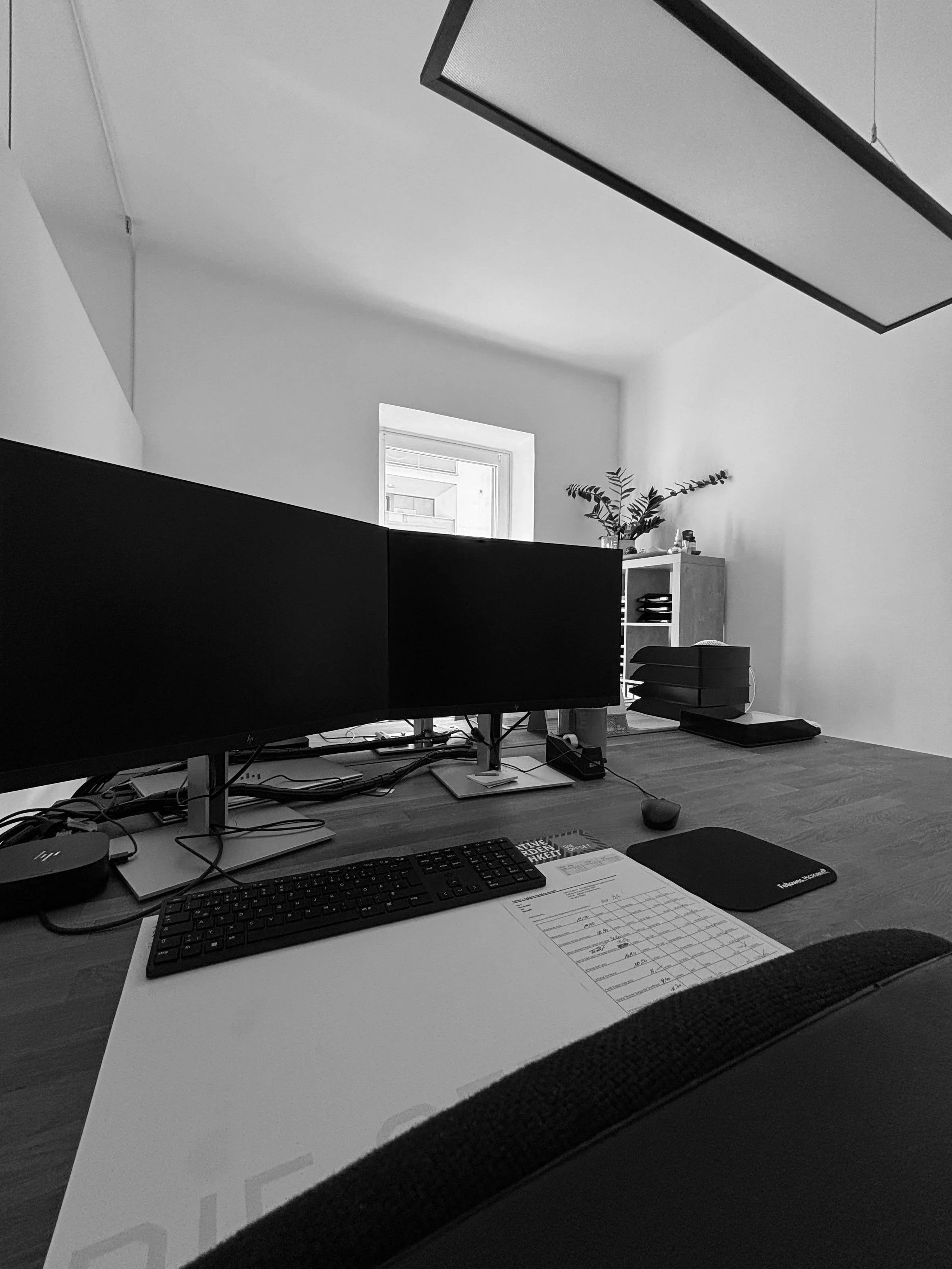 Büro mit zwei Computerbildschirmen auf einem Schreibtisch, einer Tastatur, einer Maus und einem Notizblock. Im Hintergrund eine Fenster mit natürlichem Licht, Pflanzen und Aktenordner.