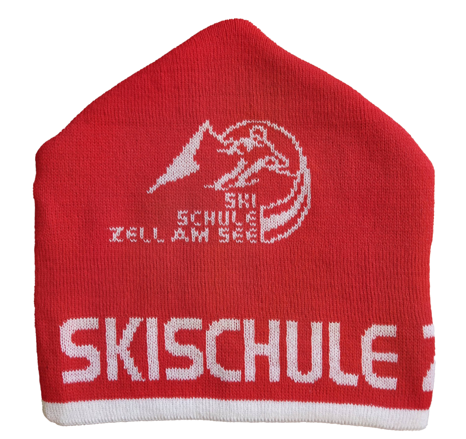 Rote Mütze mit weißen Stick und einem Logo, das einen Skifahrer zeigt, sowie den Text 'Skischule Zell am See'