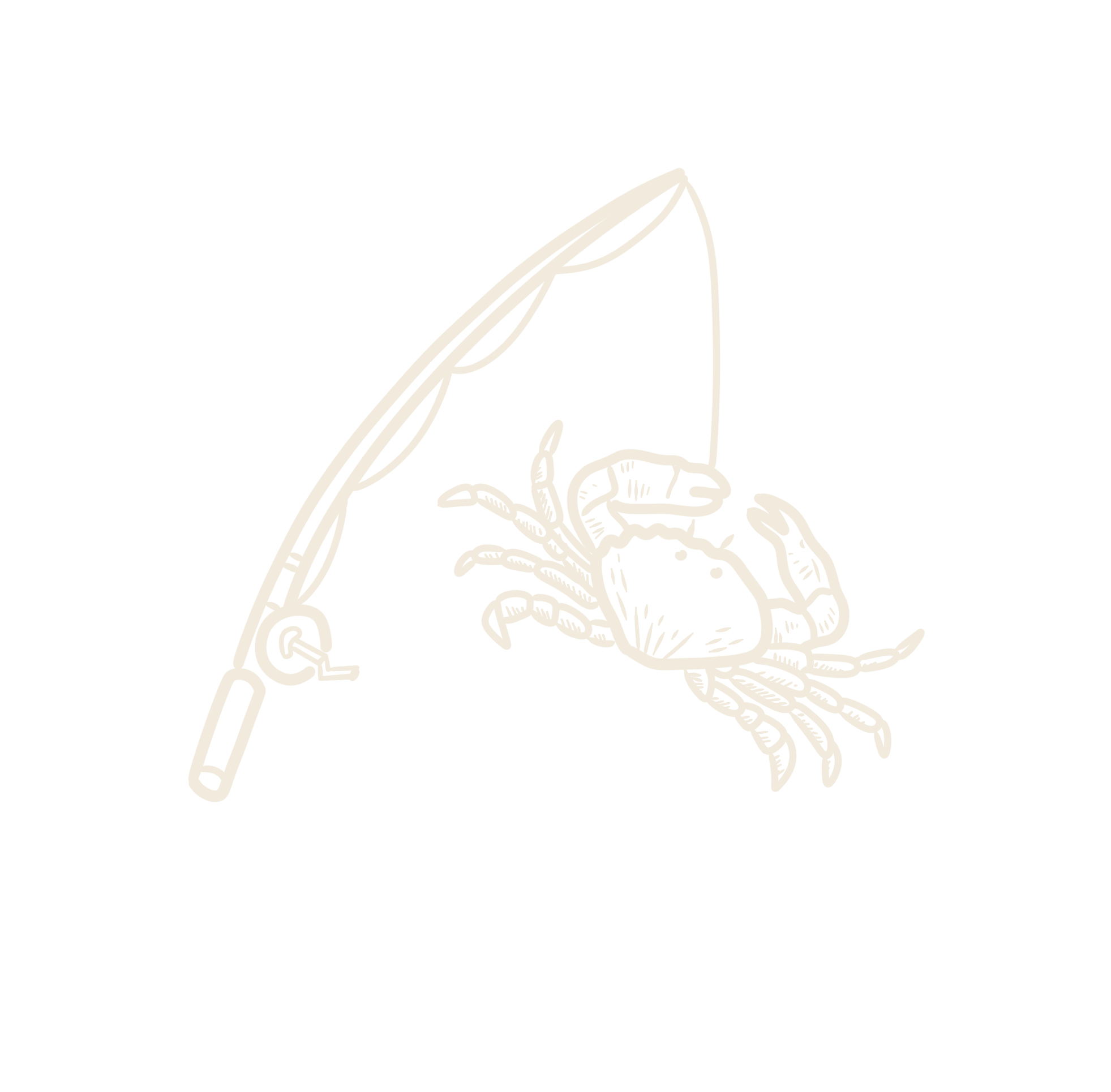 Line drawing of a fishing rod with a crab caught on the line.
