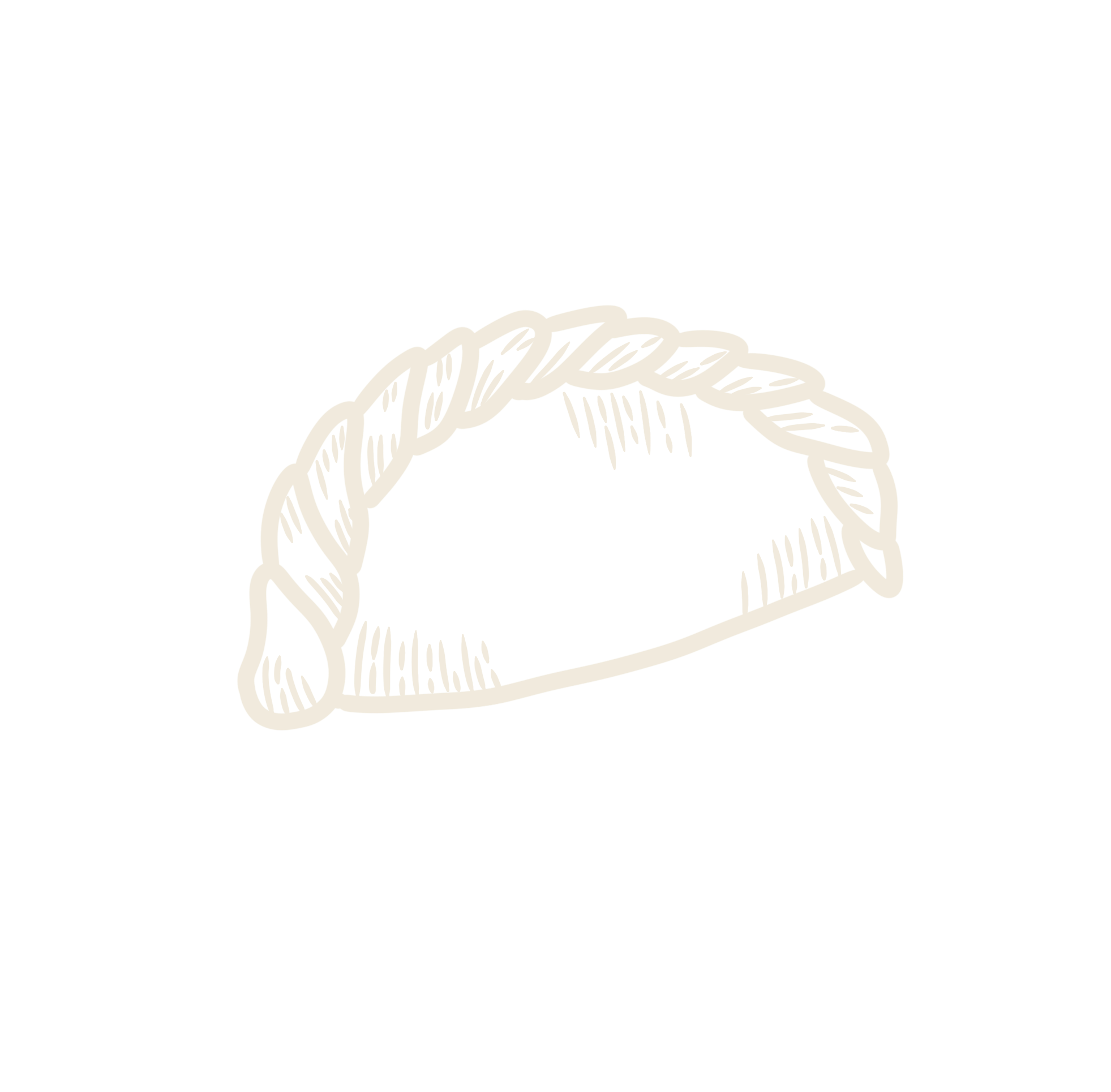 Illustration of a taco with a curved shell and filled with ingredients, drawn in a chalk outline style on a black background.