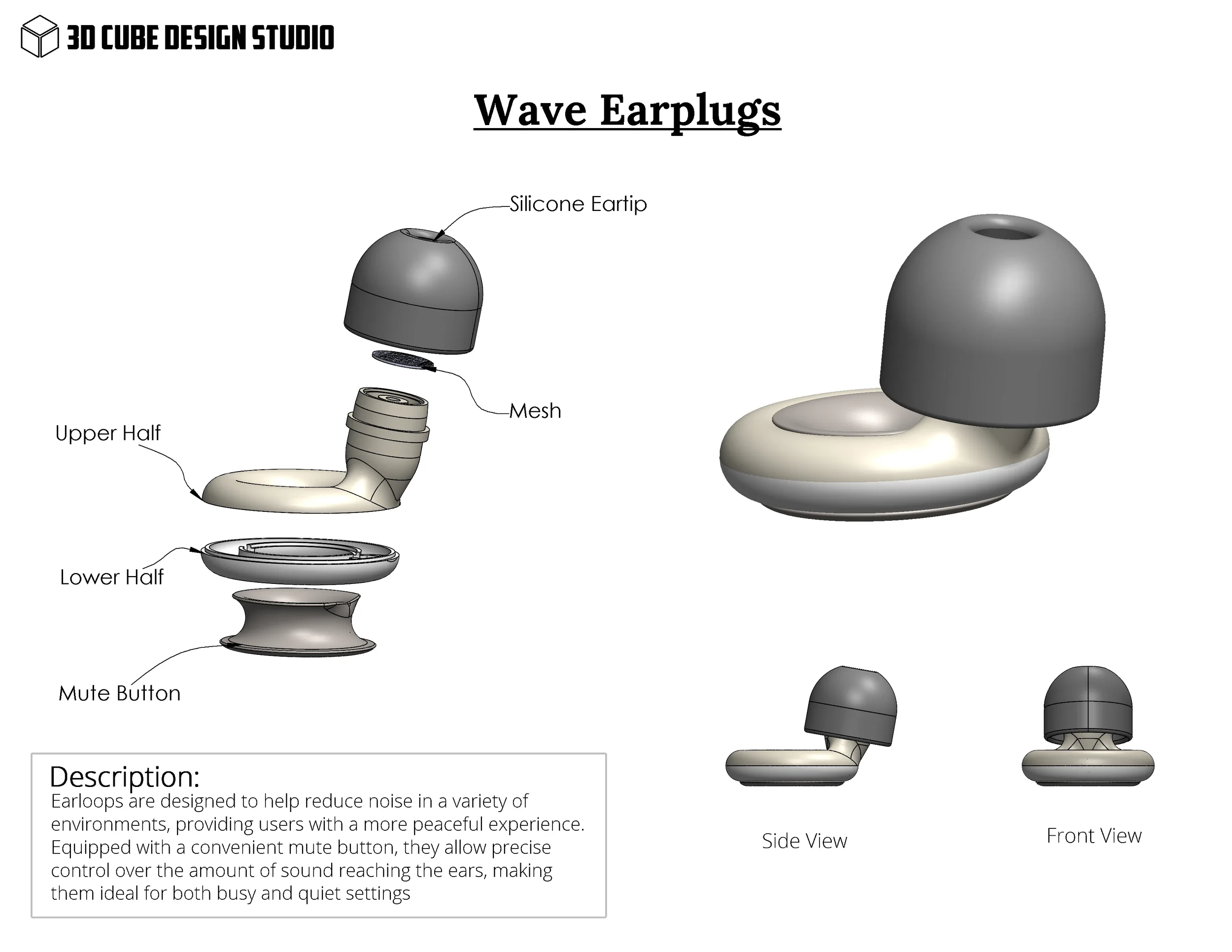 Diagram of wave earplugs showing the components: silicone earpip, mesh, upper half, lower half, and mute button. Includes side and front view illustrations, and a description explaining the earplugs' noise reduction purpose and mute button feature.