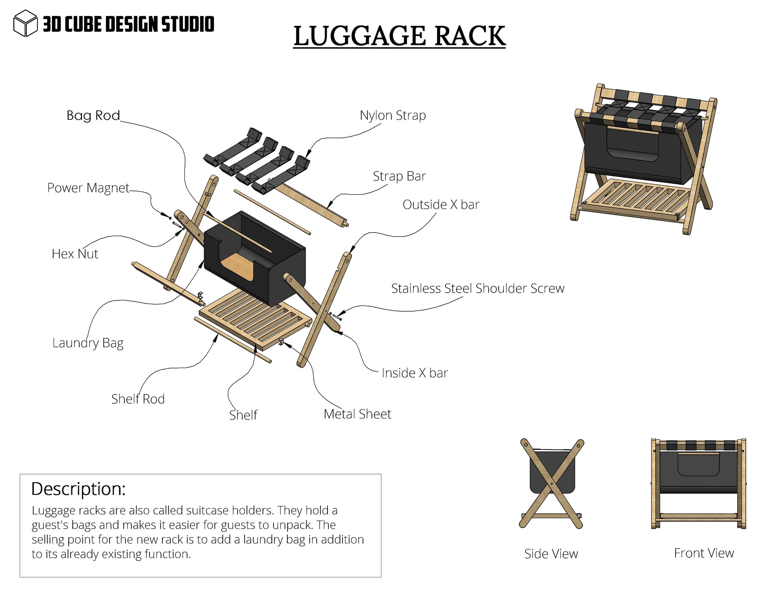 Diagram of a luggage rack with labeled parts including fabric bag, nylon strap, strap bar, outside X bar, inside X bar, stainless steel shoulder screws, metal sheet, shelf, shelf rod, laundry bag, hex nut, power magnet, and various views of the rack.
