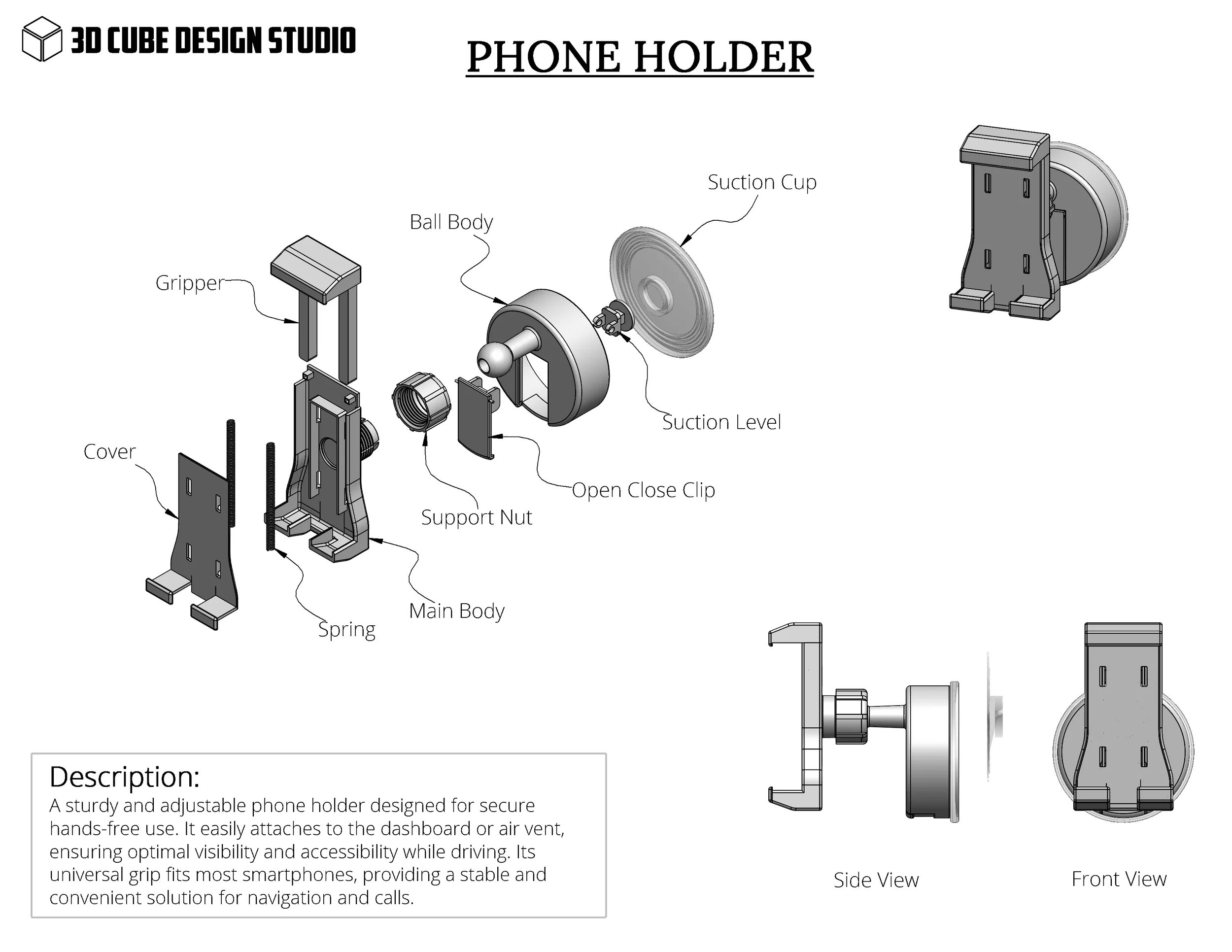 Technical diagram of a phone holder with components labeled, including suction cup, ball body, main body, support nut, open close clip, cover, spring, gripper, suction level, and side and front views.
