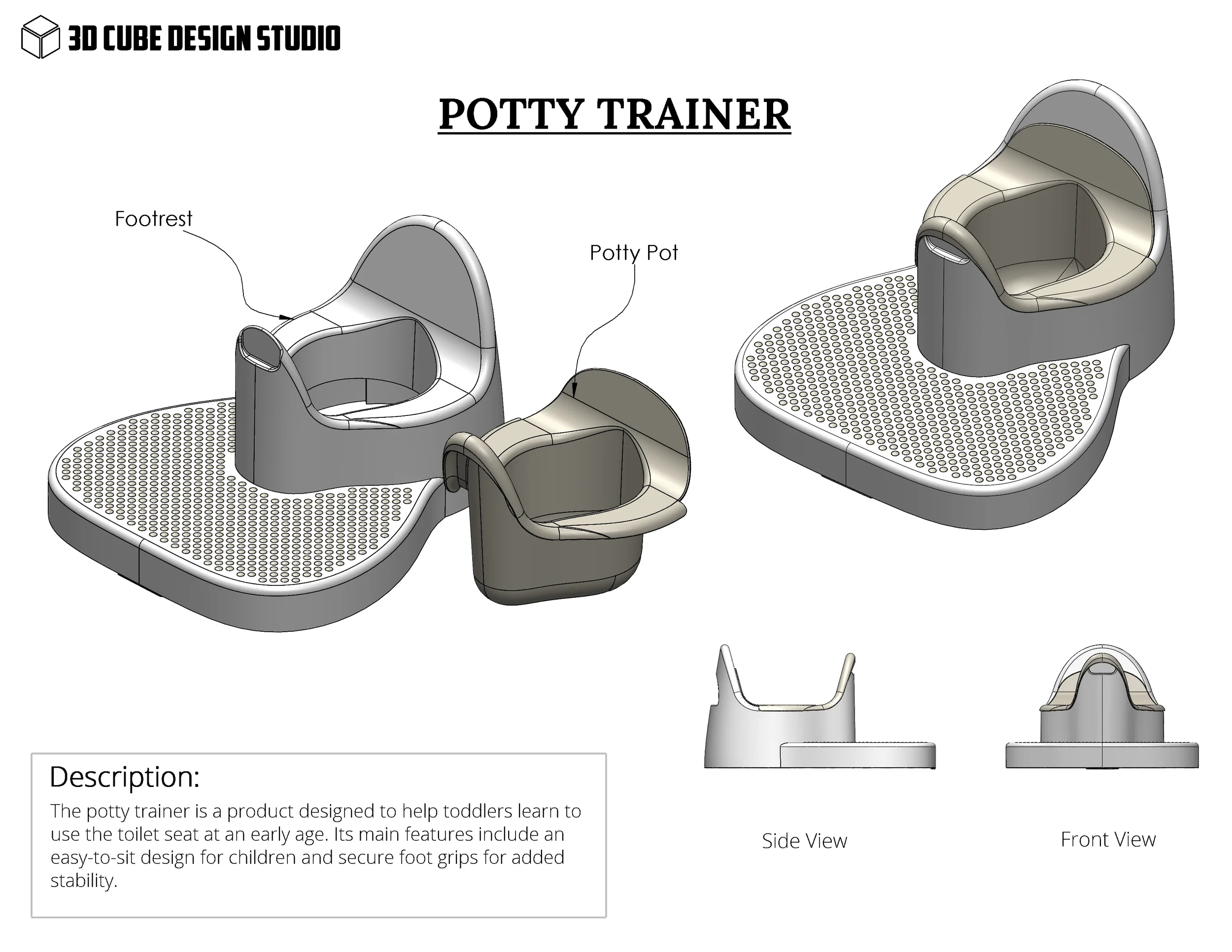 3D design of a potty trainer for toddlers showing top and side views with labels pointing to the footrest and potty pot. The trainer has a cushioned seat with a backrest and foot grips for stability.