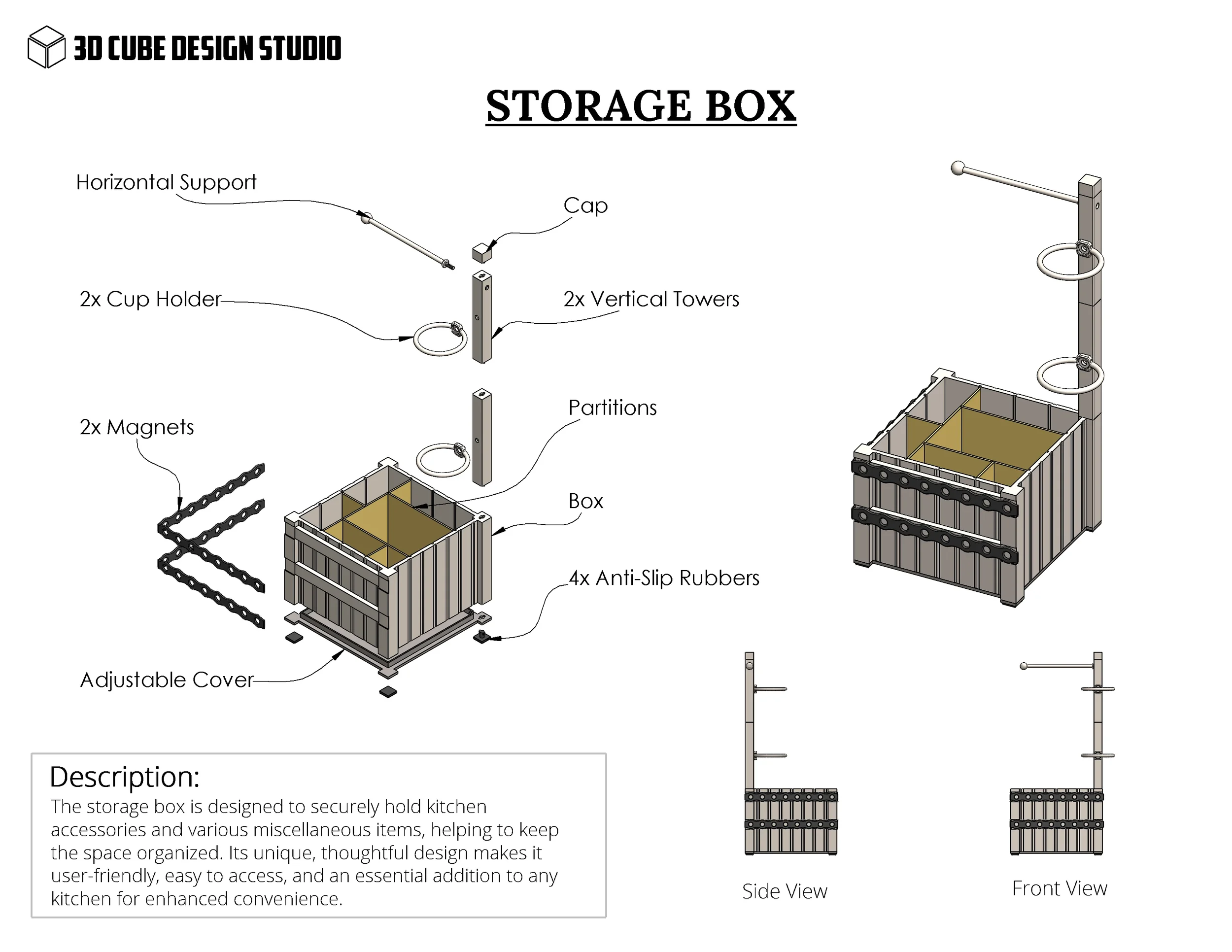 Diagram of a storage box assembly with components labeled, including horizontal support, vertical towers, cup holders, magnets, partitions, an adjustable cover, anti-slip rubbers, and an external illustration showing side and front views of the assembled storage box.