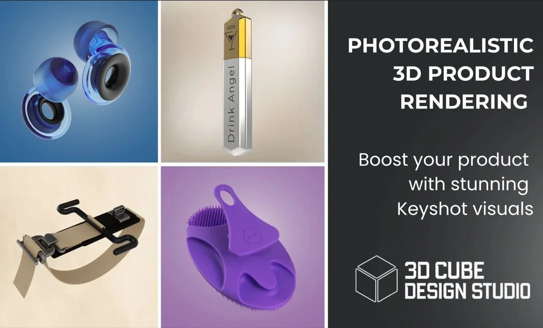 Collage of four 3D-rendered product visuals including wireless earbuds, a lipstick, a skateboard, and a purple massage device. The right side features text promoting photorealistic 3D product rendering to boost product visuals, with a logo for 3D Cube Design Studio.