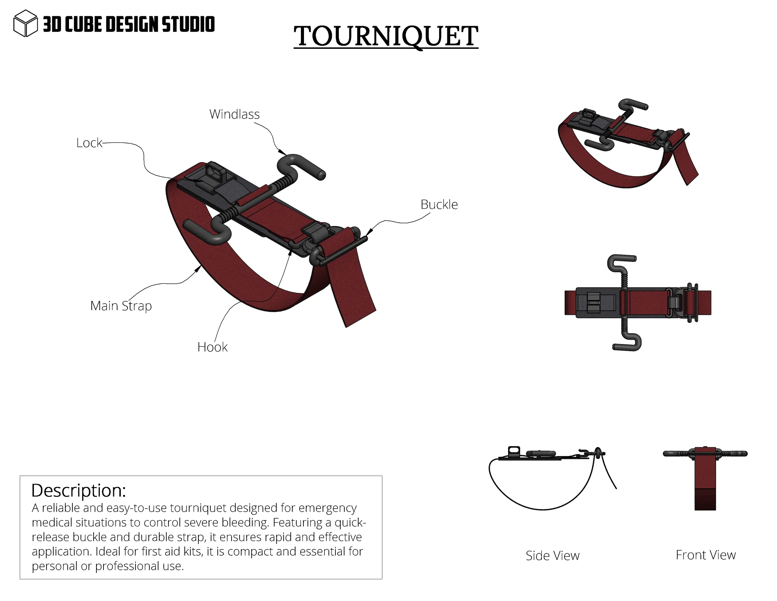 Illustration of a tourniquet showing various views and labeled parts including lock, windlass, buckle, main strap, and hook. Diagram includes a description of the tourniquet's use for controlling severe bleeding with a quick-release buckle and durable strap, suitable for emergency or first aid use.