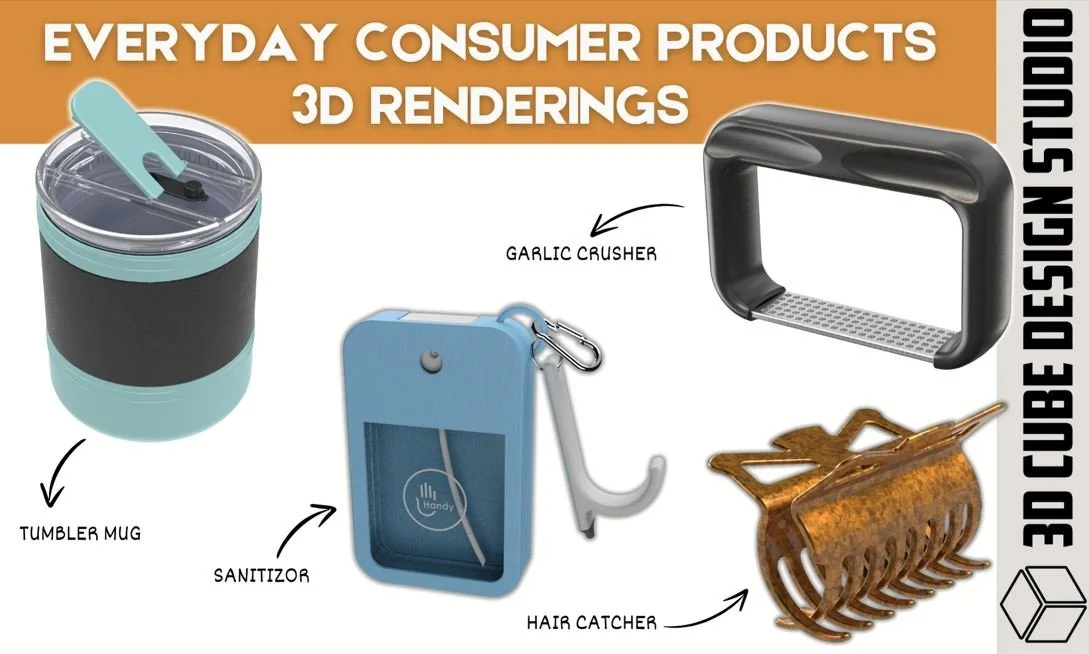 Illustration of five everyday consumer products designed with 3D renderings: a tumbler mug, a sanitizer with a keychain, a garlic crusher, a hair catcher, and a hair clipper guard.