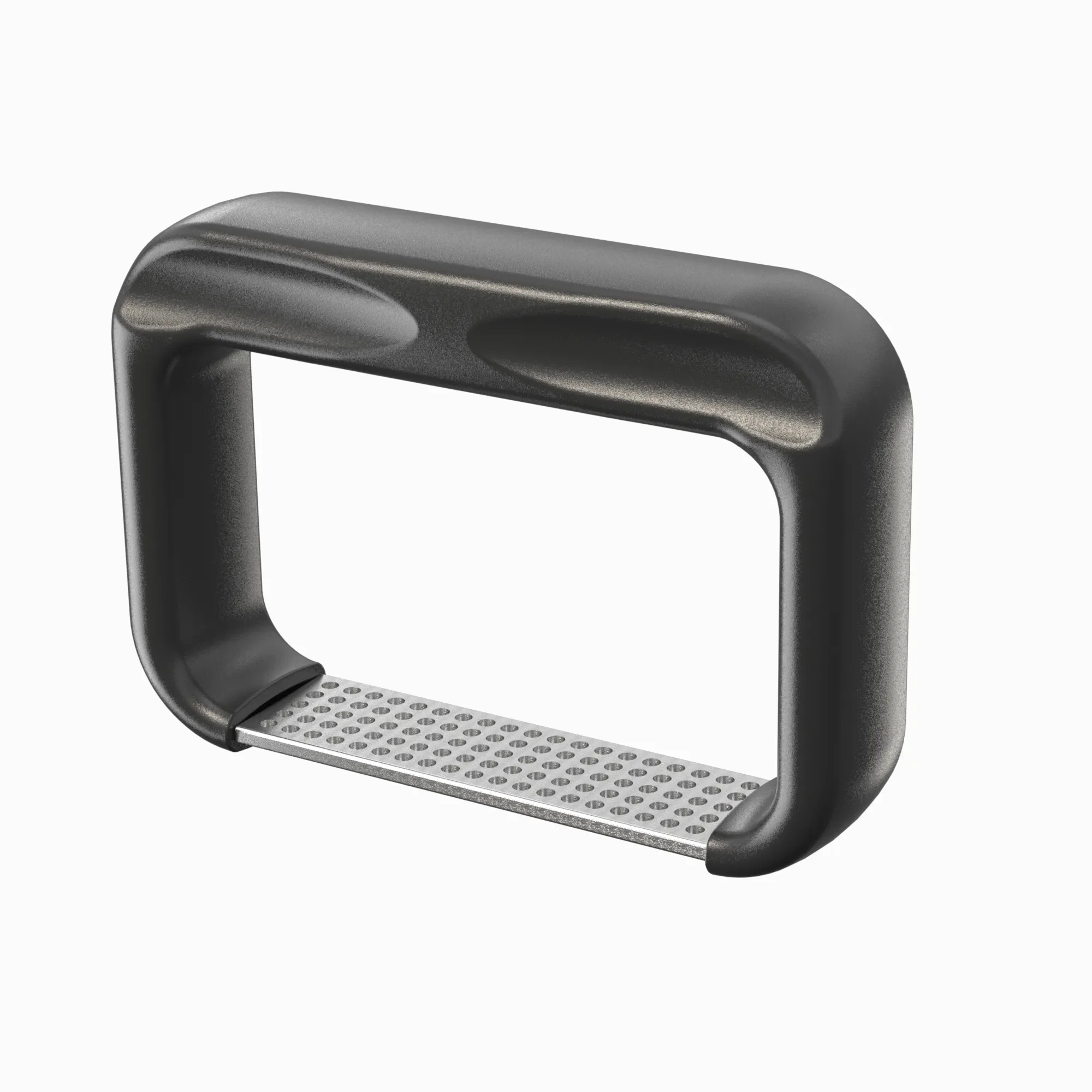 A black and silver hand guard with perforated footrest, used for support in physical exercises.