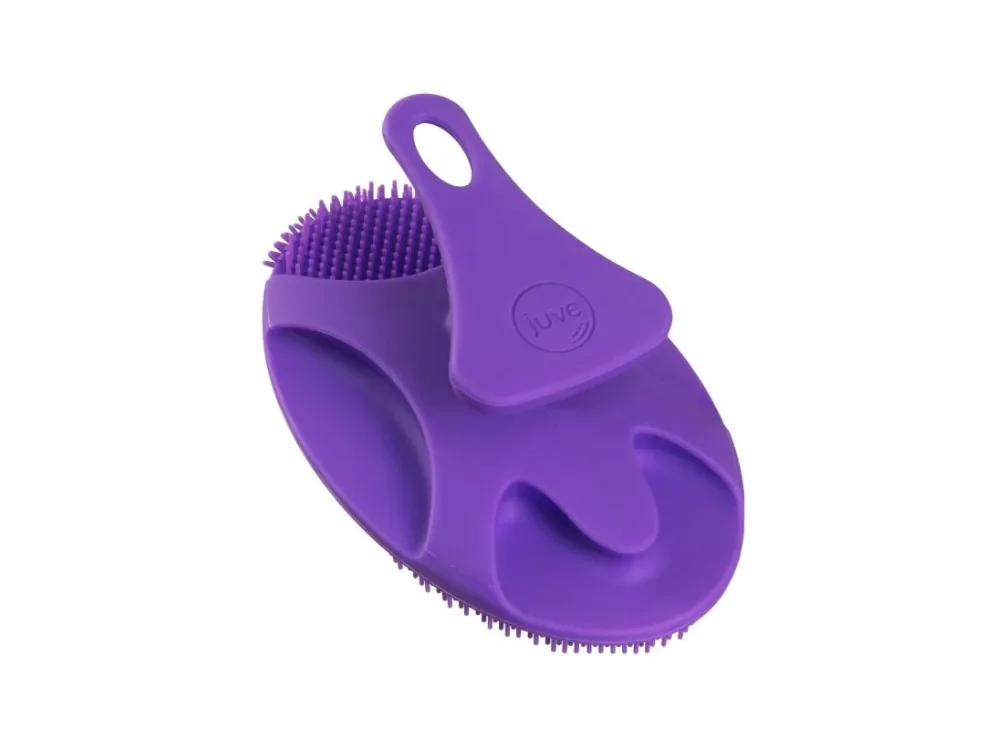 Purple silicone shoe cleaning brush with a handle and bristles.
