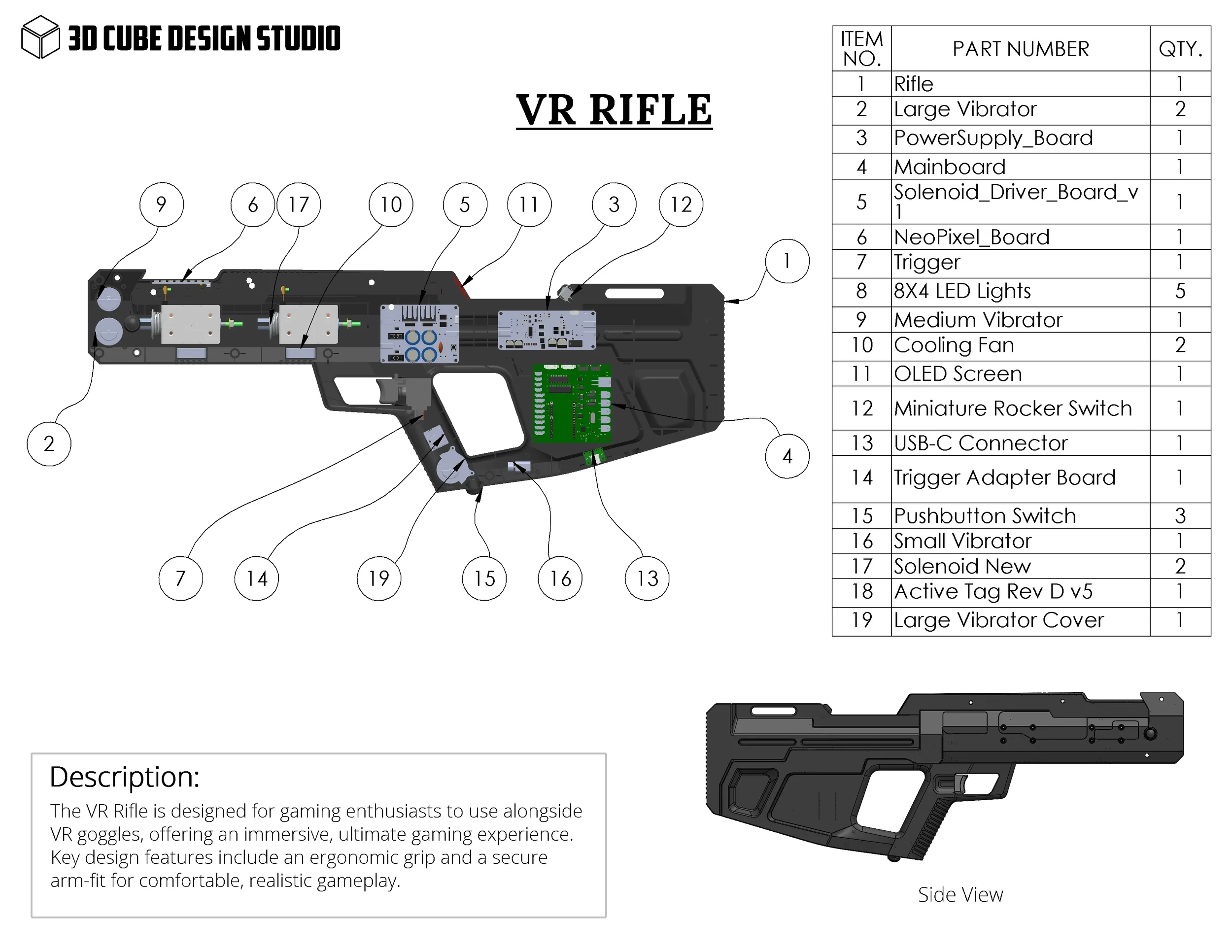 Technical diagram of a VR rifle with labeled parts and a parts list, depicting the internal components and side view of the gun.