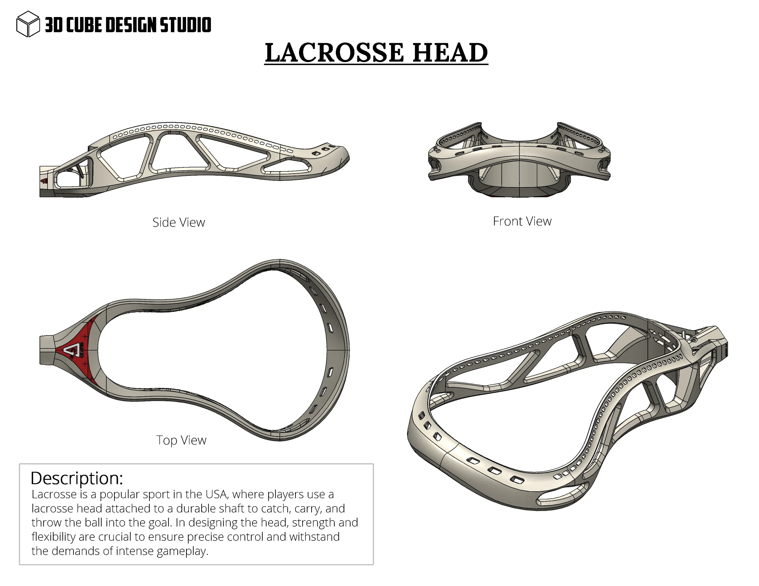 Technical drawing of a lacrosse head from 3D Cube Design Studio showing side, front, top, and perspective views. The image includes a description of lacrosse as a sport played in the USA.