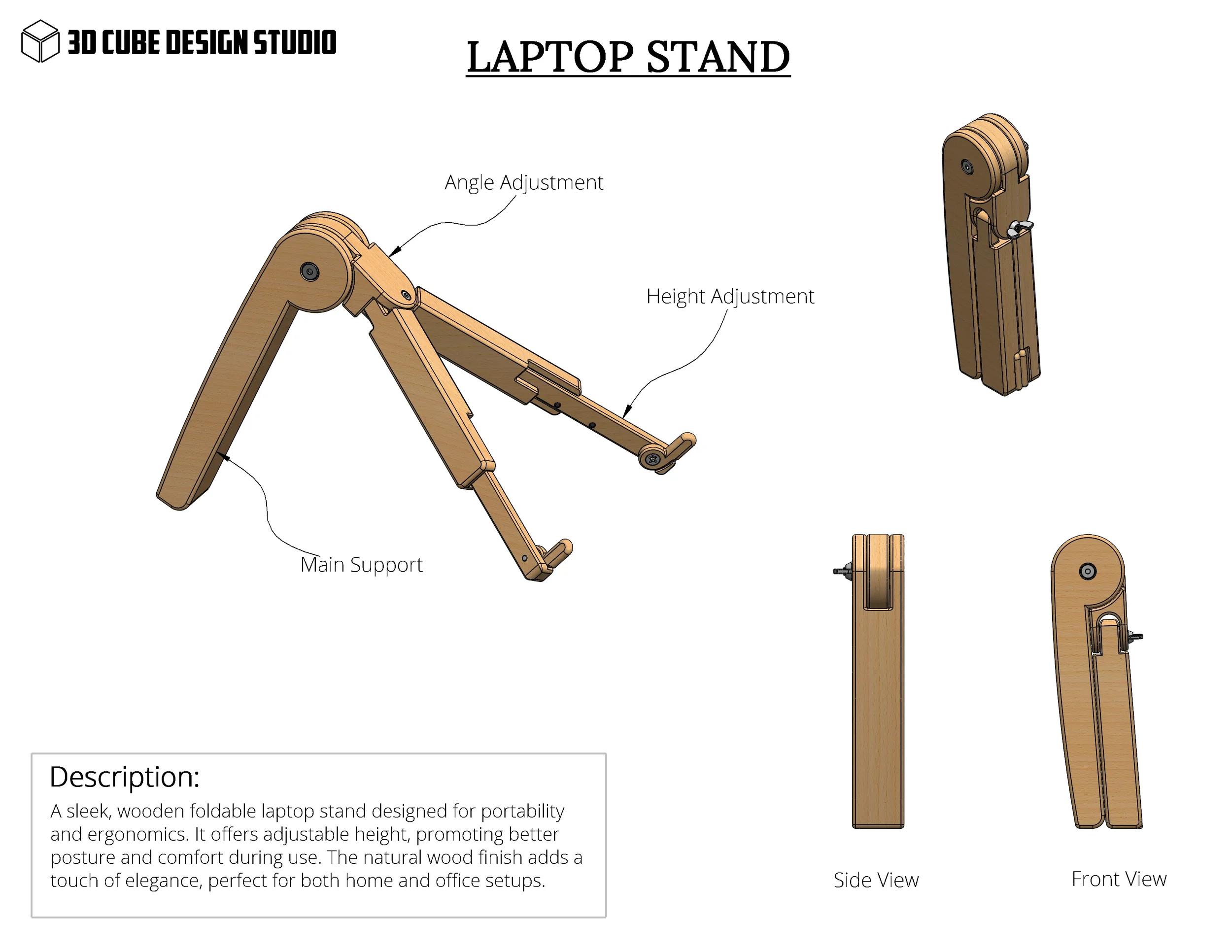 Diagram of a wooden laptop stand with labeled parts: main support, angle adjustment, height adjustment, shown from side, front, and top views, with descriptions of adjustable features, and a brief product description.