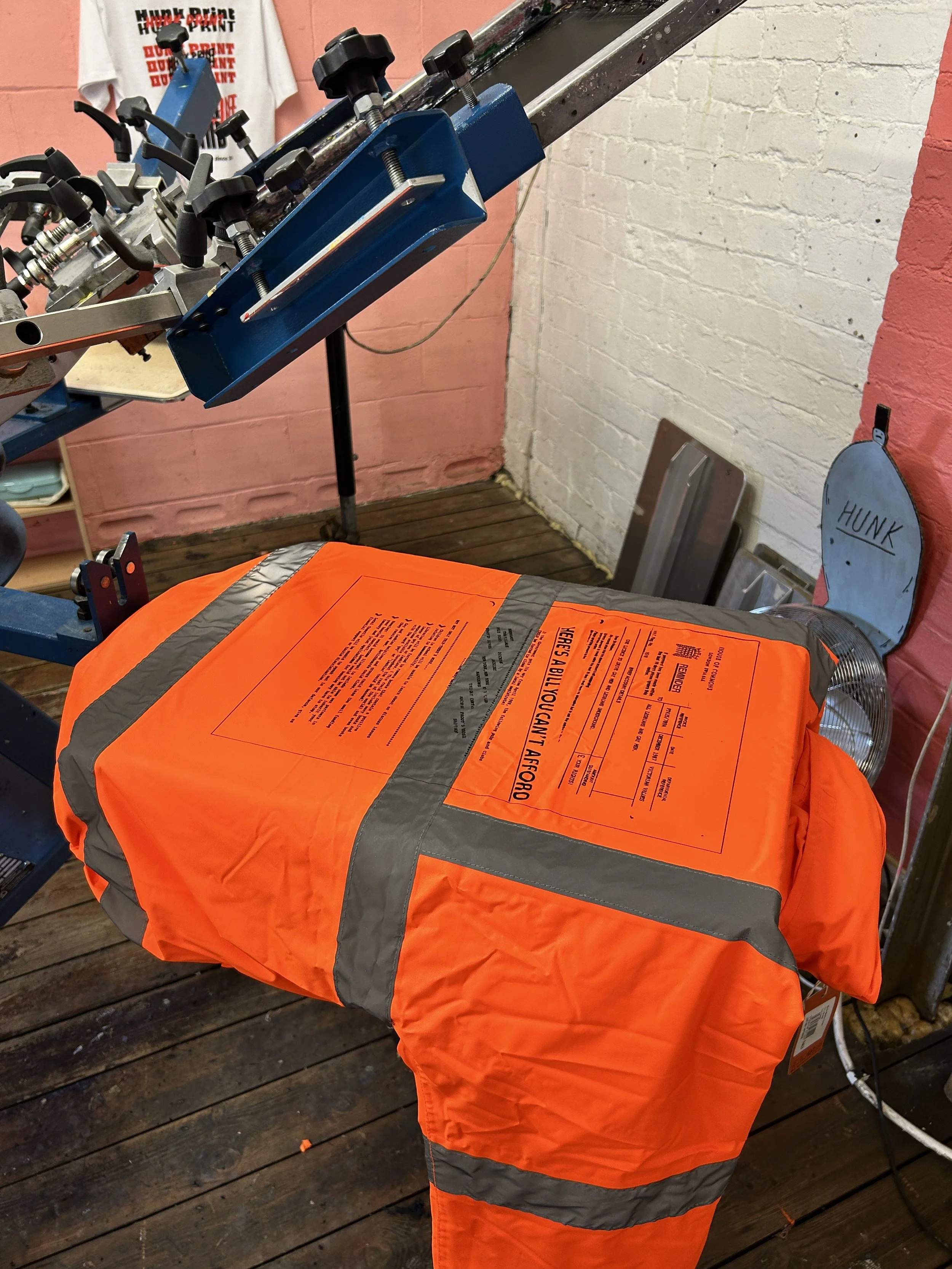 A heavy weight, hi vis jacket for artist Yuen Fong Ling. We printed this with a scaled up scanned document for a recent exhibition.