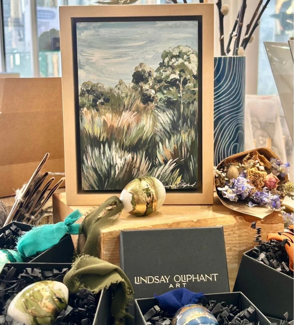 @lindsay_oliphant_art restock in the gallery ✨

&bull;

Lindsay&rsquo;s beautiful gicl&eacute;e prints are back, with a range of her layered landscape designs available in different sizes, alongside velvet finish notebooks featuring those same scenes