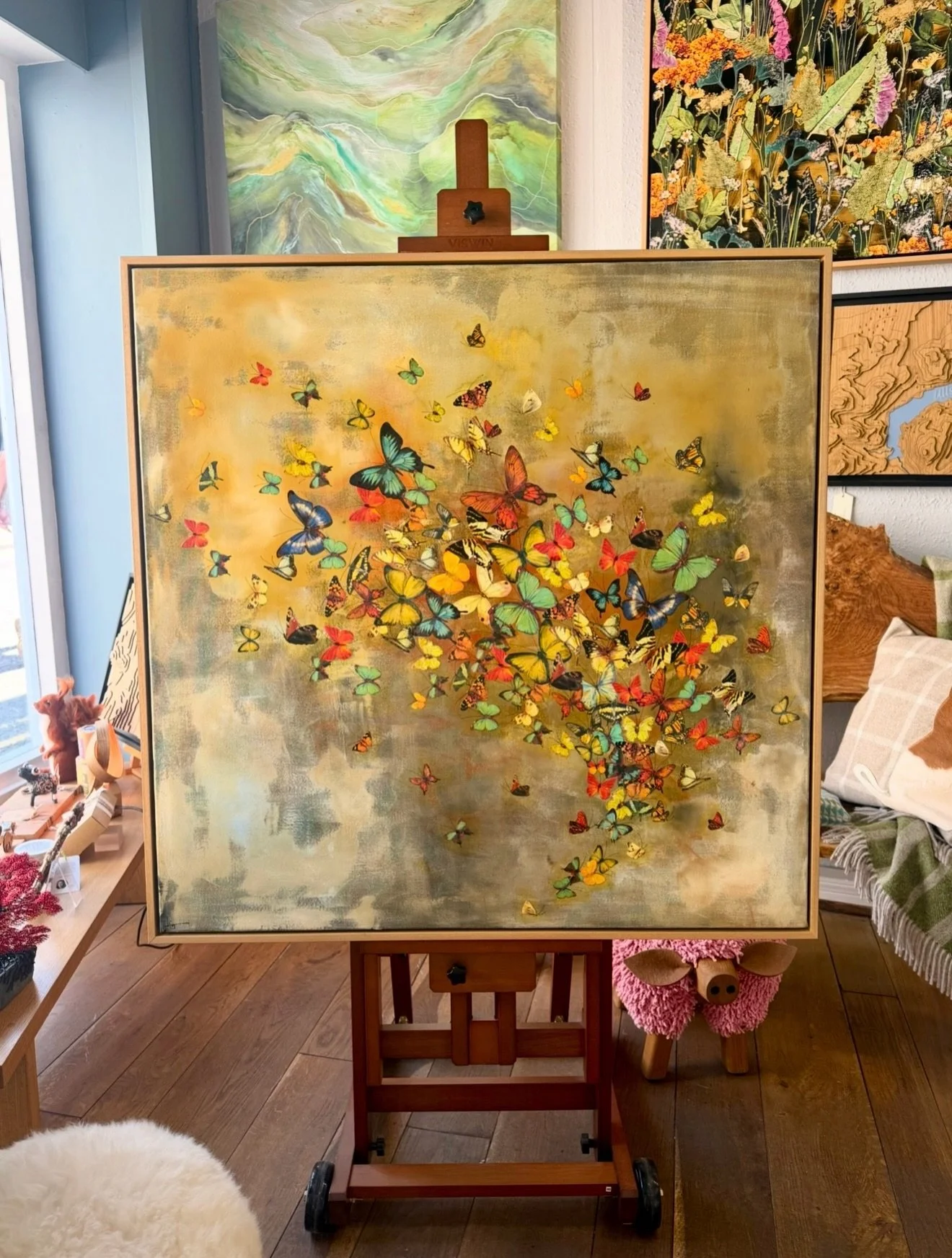 Our easels have been displaying some gorgeous artwork recently! 🎨

We have two striking canvases by @lilygreenwoodpainting in the gallery at the moment, Butterflies on Pale Greens/Grey and Koi Flow.

&bull;

Lily&rsquo;s mixed media work is instantl