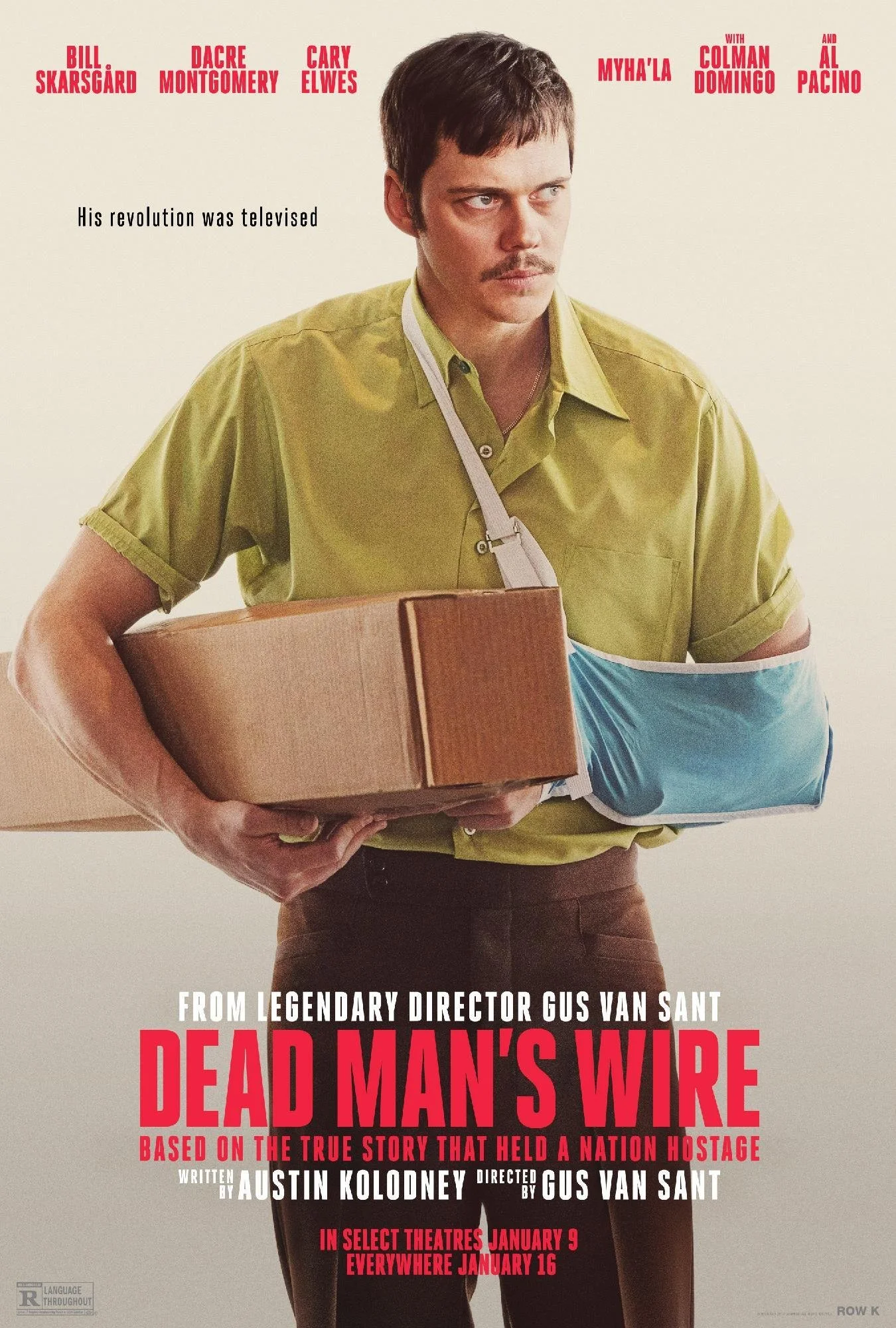Poster for a film adaptation of 'Dead Man's Wire' featuring a man with a mustache in a yellow shirt holding a cardboard box and a blue bag, with text about the film's release and credits.
