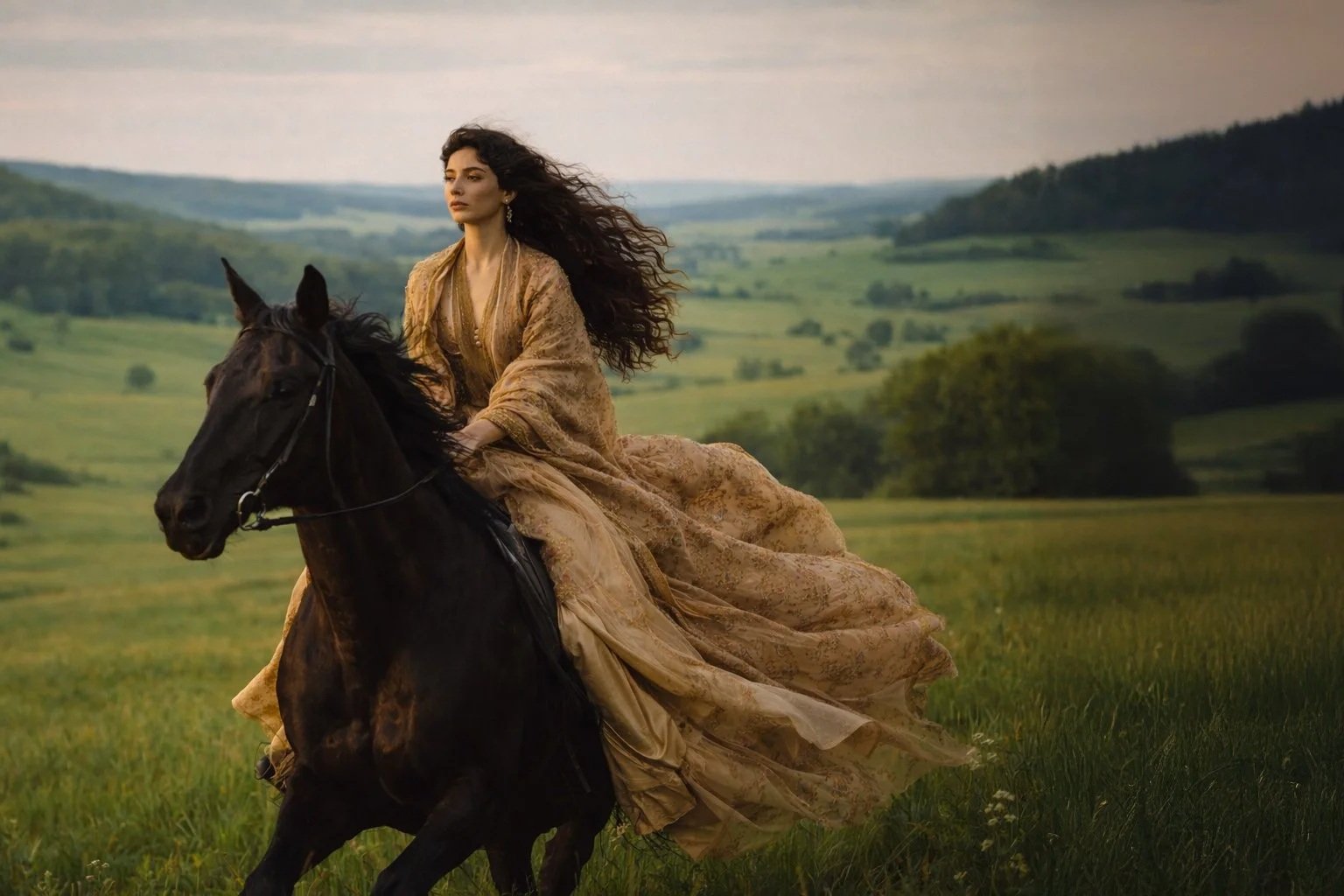 A woman in an elegant, flowing tan gown riding a black horse through a lush green field with rolling hills in the background.