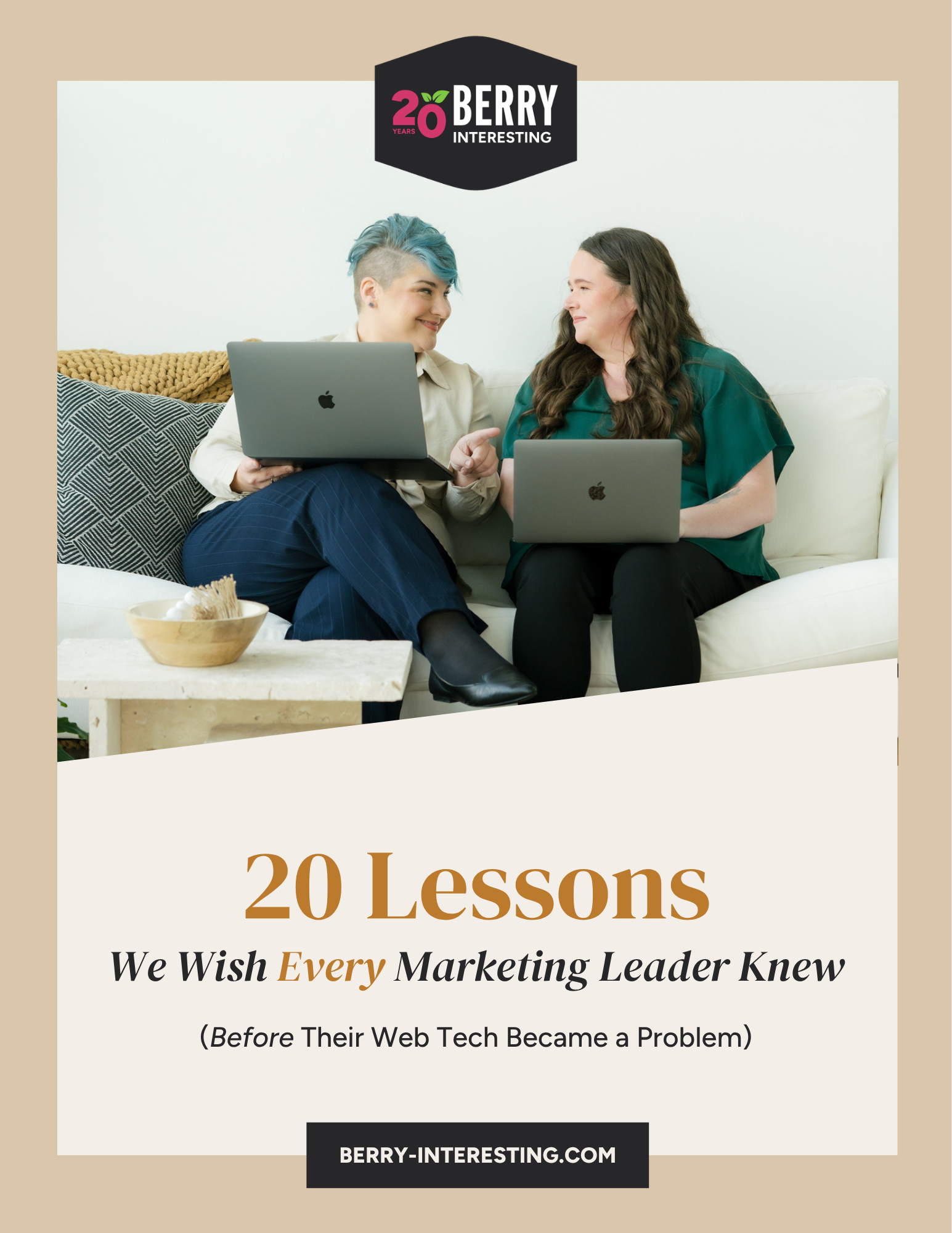Cover layout for the downloadable 20 Lessons from 20 Years marketing PDF guide.