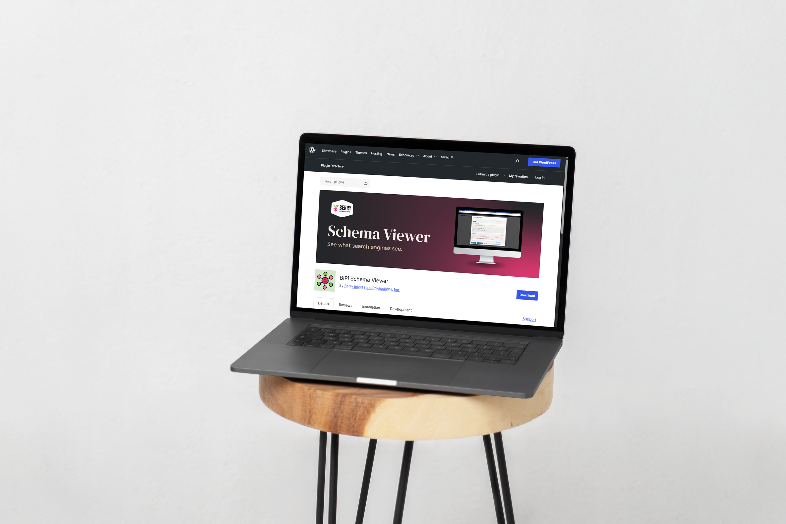 WordPress admin bar and popup interface mockup for the BIPi Schema Viewer plugin.