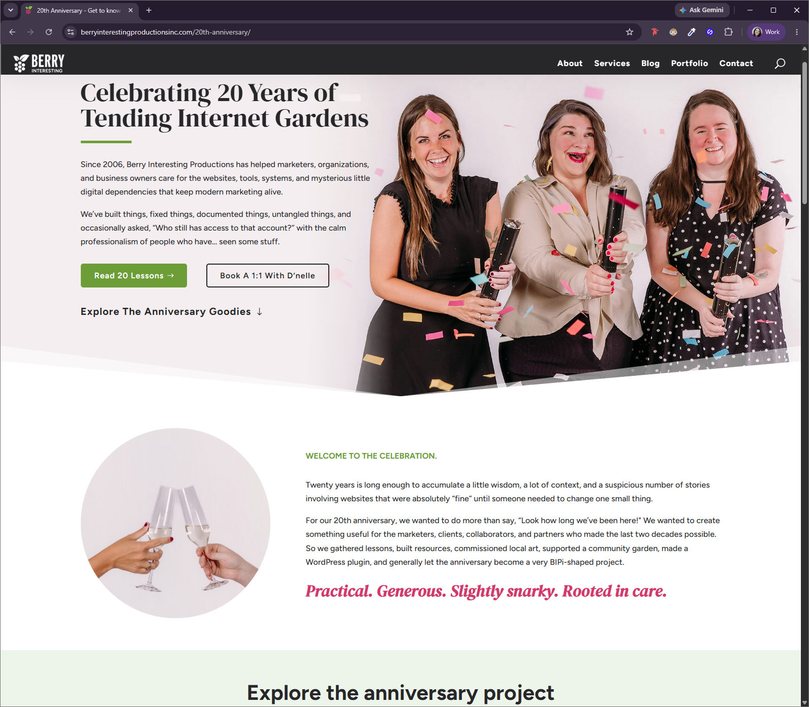 Berry Interesting 20th Anniversary custom badge and landing page graphics.