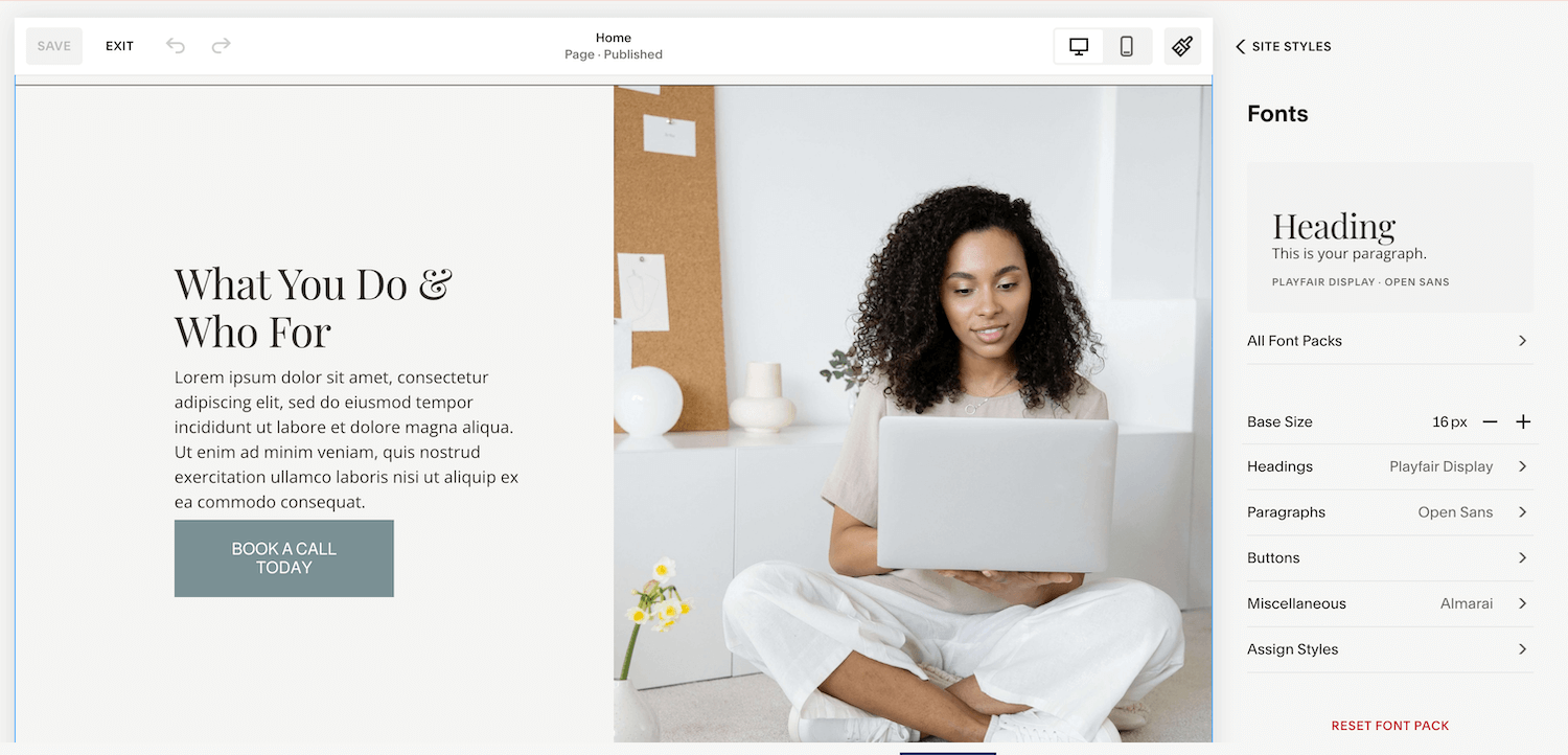 Font Settings Screenshot in Squarespace