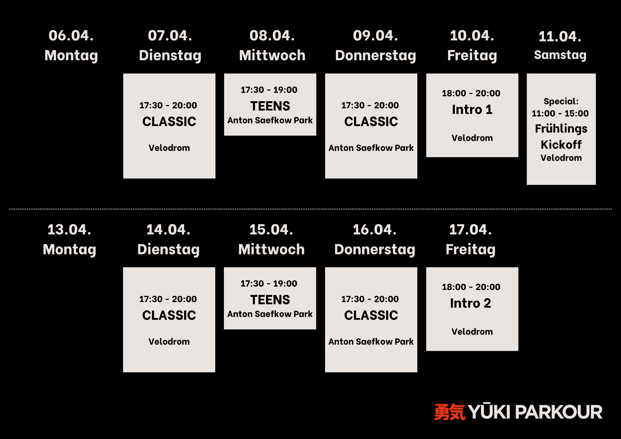 Wöchentlicher Trainingsplan für Yuki Parkour, mit Aktivitäten von Montag bis Samstag, inklusive Zeiten, Themen und Ort.