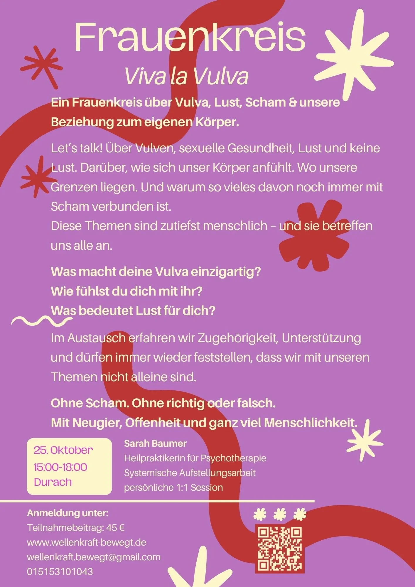 Flyer zum Frauenkreis Viva la Vulva. Mit Text, QR Code und Infos.