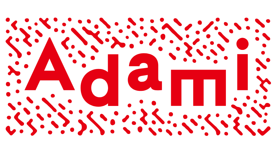 Mot en lettres rouges : "Adami" avec un motif de points et de lignes rouges en arrière-plan.