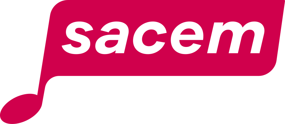 Logo de Sacem avec une note de musique rose et le nom Sacem en blanc.