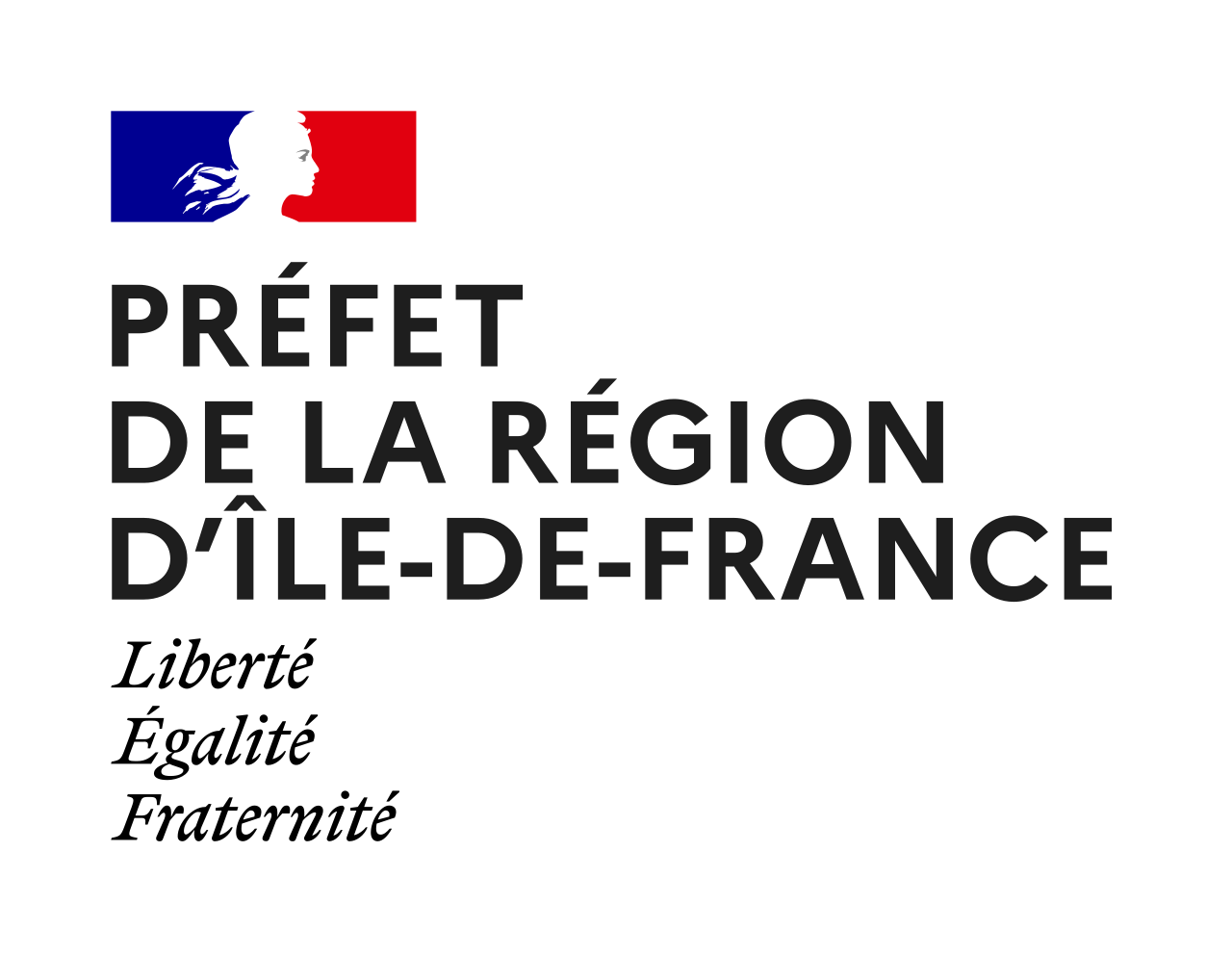 Logo officiel de la région Île-de-France avec une silhouette de profil et le drapeau français, accompagné du texte "Préfet de la région d'Île-de-France" et en dessous, les mots "Liberté, Égalité, Fraternité".