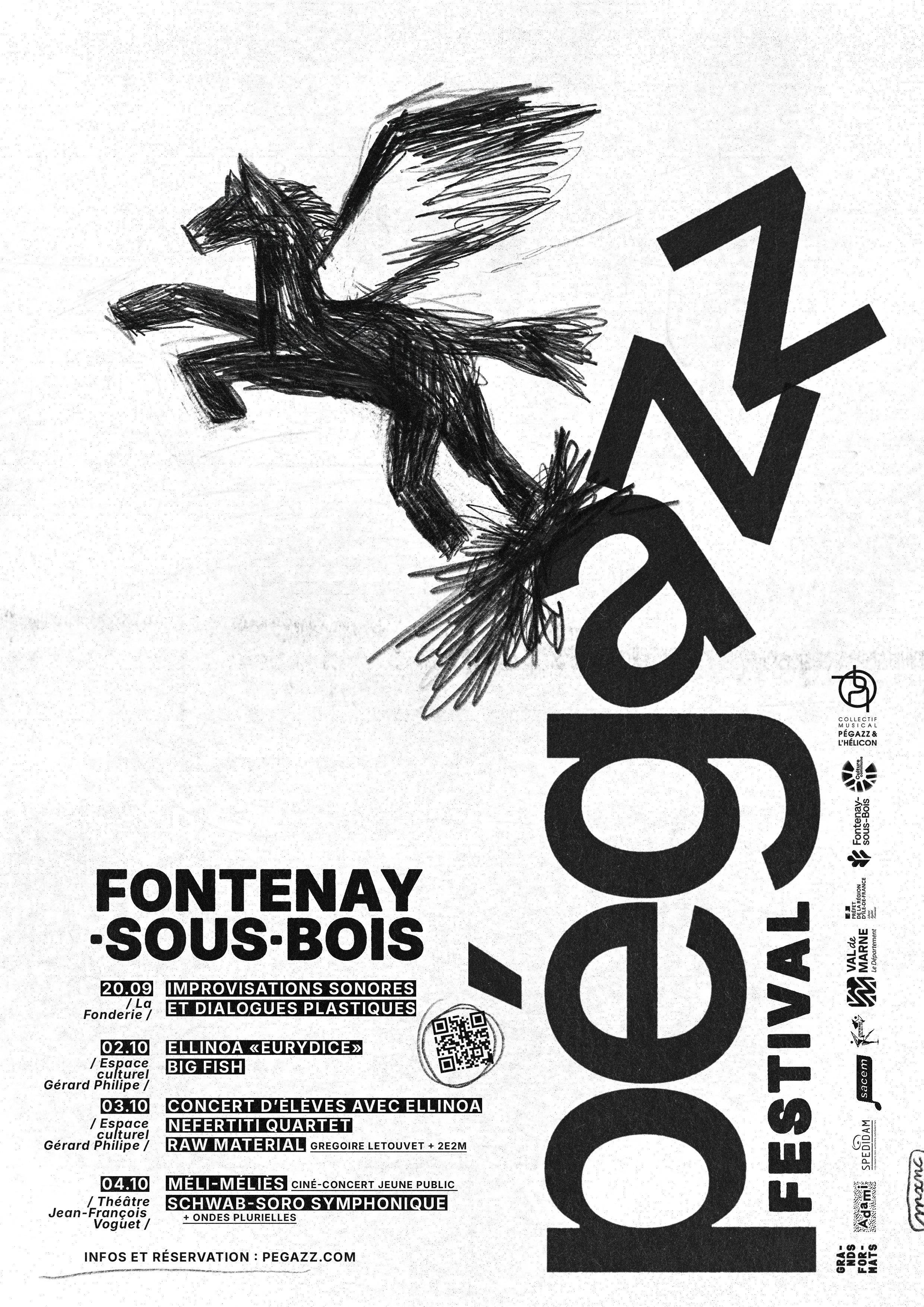 Affiche du festival Oeouc'Zik 2023 à Fontenay-sous-Bois, avec un dessin d'un cheval ailé stylisé en noir et blanc et des détails sur la programmation et les partenaires.