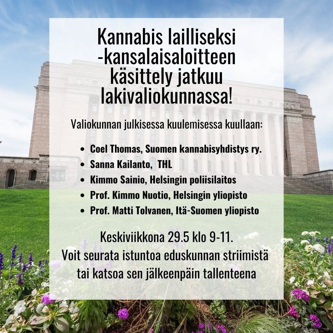Kansalaisaloitteen k&auml;sittely jatkuu ensi viikolla lakivaliokunnan istunnossa, jossa kuullaan asiantuntijoita ja poliisia.

Tahot antavat lausunnot aloitteesta ja vastaavat kansanedustajien kysymyksiin.

Kuuleminen on keskiviikkona 29.5 klo 9-11 