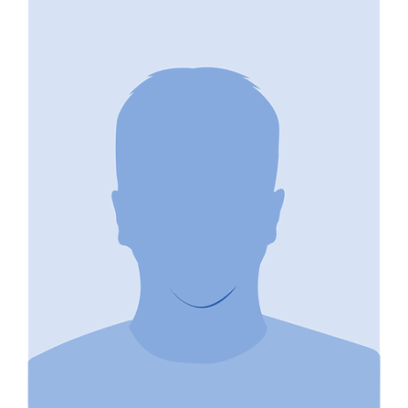 Silhouette of a person with short hair and a smiling mouth, set against a light blue background.