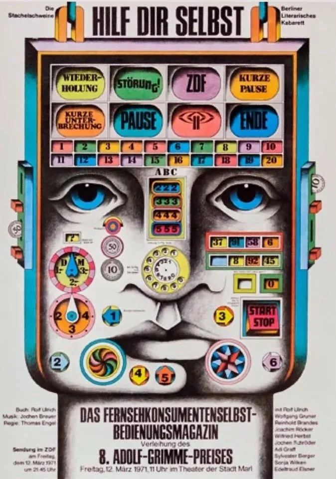 Illustration eines Pinballautomaten mit einem menschlichen Gesicht, insbesondere Fokus auf die Augen und die Nase, viele bunte Details und Beschriftungen auf der Oberfläche des Geräts.